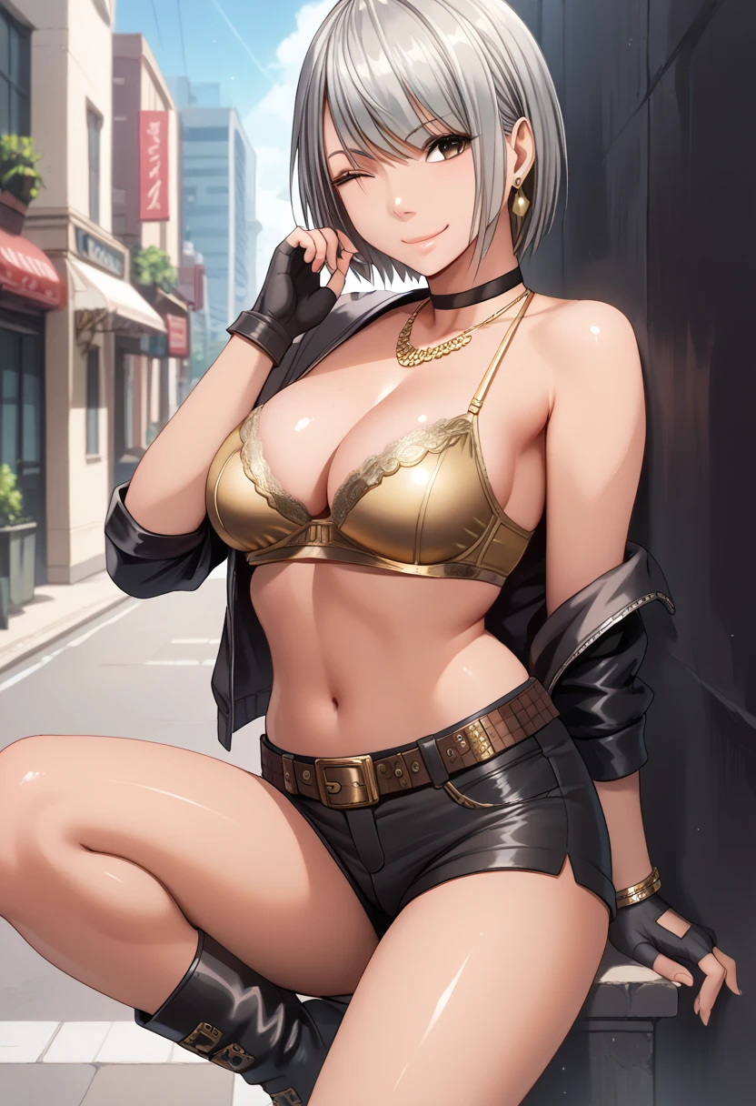 BREAK 1girl, Arisa izumi white skin ,shiny skin,( Big Breasts :1.5), earrings for a woman alone, ( Silver Hair,  short hair to be shouldered,Hair on one eye), Brown Eyes ,  Necklaces , choker, Gold Bra,  Black Gloves , Fingerless gloves, belt,  Black Shorts ,  black boots,  high heels,smile,sexy pose,outdoor,