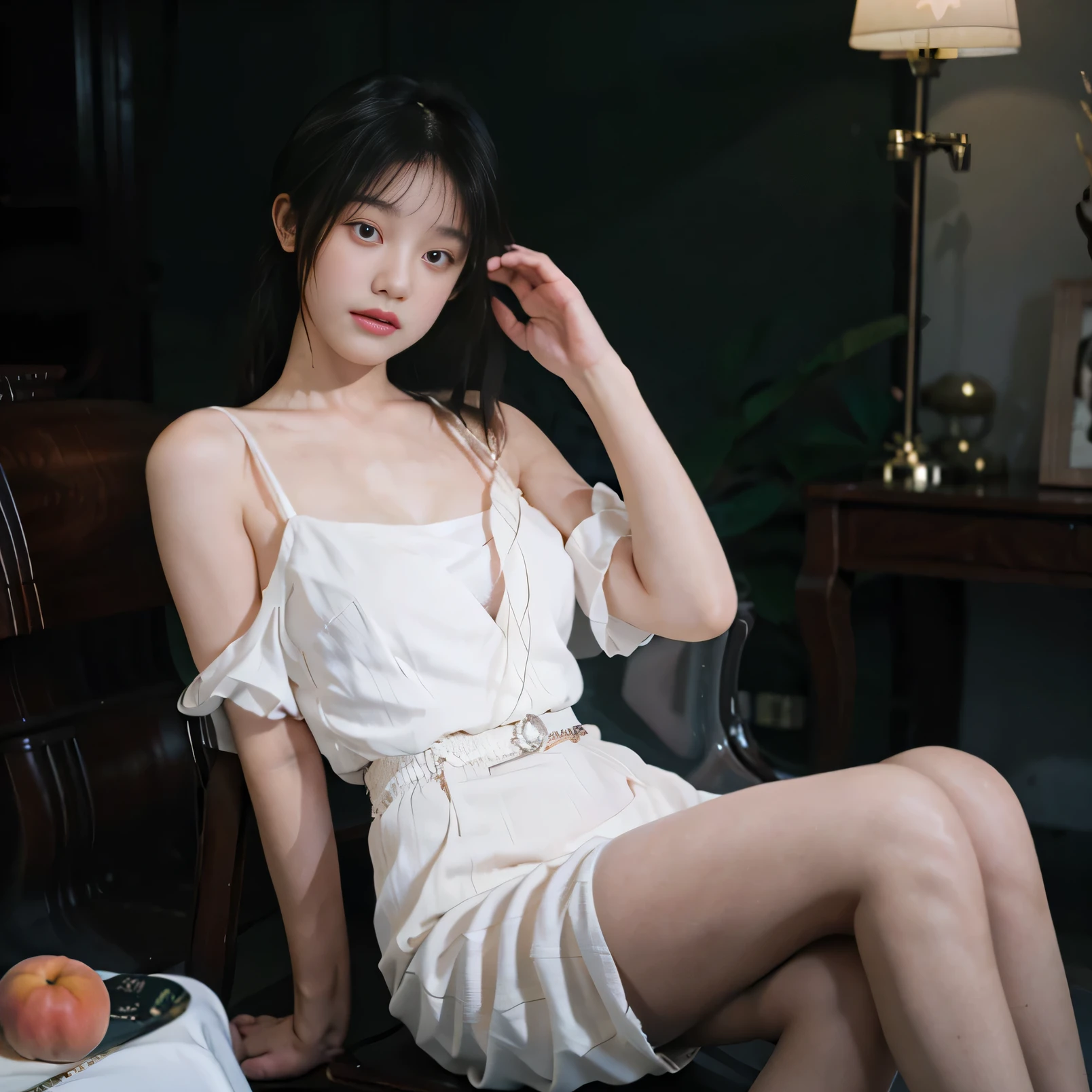 absurdres, RAW photo, extremely delicate and beautiful, masterpiece, Best Quality, ultra high resolution, 32k, hyperrealistic, ultra-detailed, perfect anatomy, super Detailed skin, perfect figure, Super Beauty, Perfect Style, Perfect balance, 20 years old, very Slim body, narrow waist, very small head, very small face, delicate facial features, detailed face, detailed eyes, tearful mole, earring, very huge round breasts, legs, medium hair, full body shot, indoor, collared shirt dress,