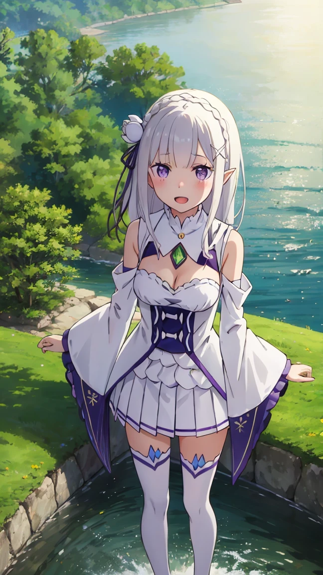 1girl, solo, cowboy shot, :o, emilia, white dress, cleavage, pleated skirt, wide sleeves, white thighhighs, hair flower, purple ribbon, white skirt, (low-tied long hair), (snowy forest)