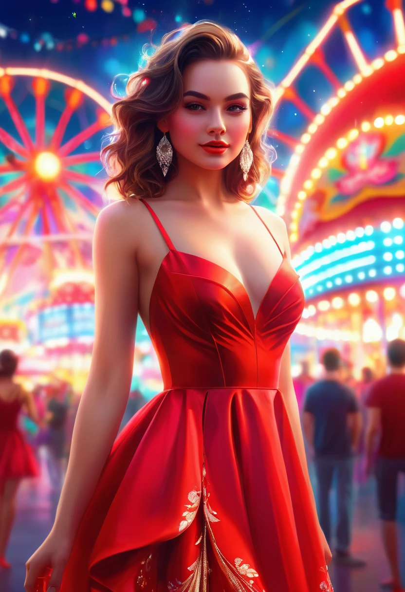 arafed woman in a red neon dress standing in front of a carnival, beautiful digital artwork, stunning digital illustration, gorgeous digital art, 8k artgerm bokeh, realistic digital art 4k, realistic digital art 4 k, beautiful digital art, beautiful digital illustration, beautiful gorgeous digital art, gorgeous digital painting, cgsociety portrait, amazing digital art