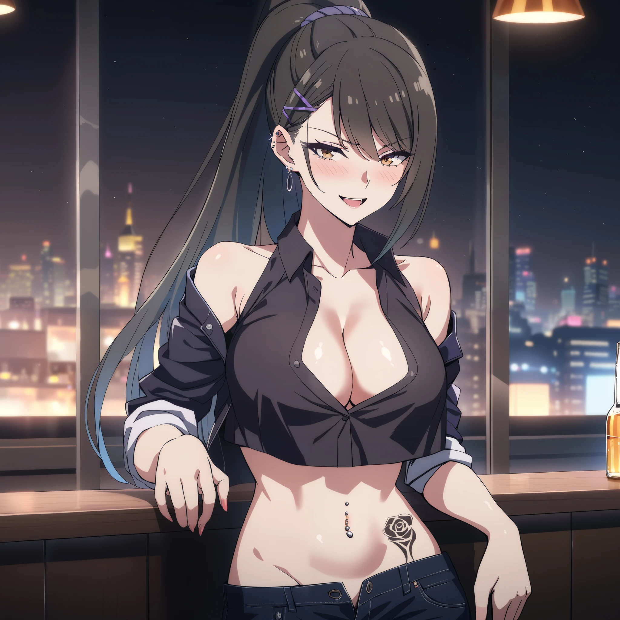 chabashira, 1girl, ponytail, black hair, blush, lipstick,  ear piercing, long hair, blush, lipstick,Hot girl, baddie, smoking, sensual, attractive, nightclub, bar, indoor, cityscape, building, city lights, blush, lipstick, masterpiece,high quality,4k, bare shoulder,belly,crop top,holding pistol,cleavage, unbuttoned shirt,shirt, knot, indoor,smile, open mouth, (nsfw) not safe for work, evil expression, exposed belly, exposed navel, exposed midriff, exposed lower belly, crop top overhang, underboob,jacket, unbuttoned jeans , low rise black jeans, Low rise jeans, Low rise jeans with open fly,, tattoo on body, tattoo midriff, rose tattoo, , shiny skin, navel piercing