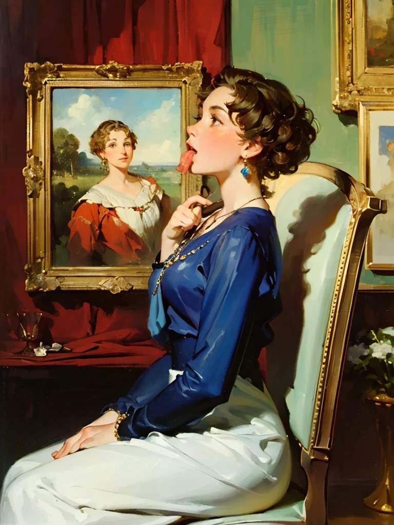 (Masterpiece:1.2), (best quality:1.2), (super high resolution:1.2),
Half-length portrait of woman, profile, sitting on a chair, retro dress, brown curly hair, aristocrat, sapphire necklace, silver earrings, Renaissance, 17th century portrait, flowers, vase, style of Lovis Corinth, sticking out his tongue 