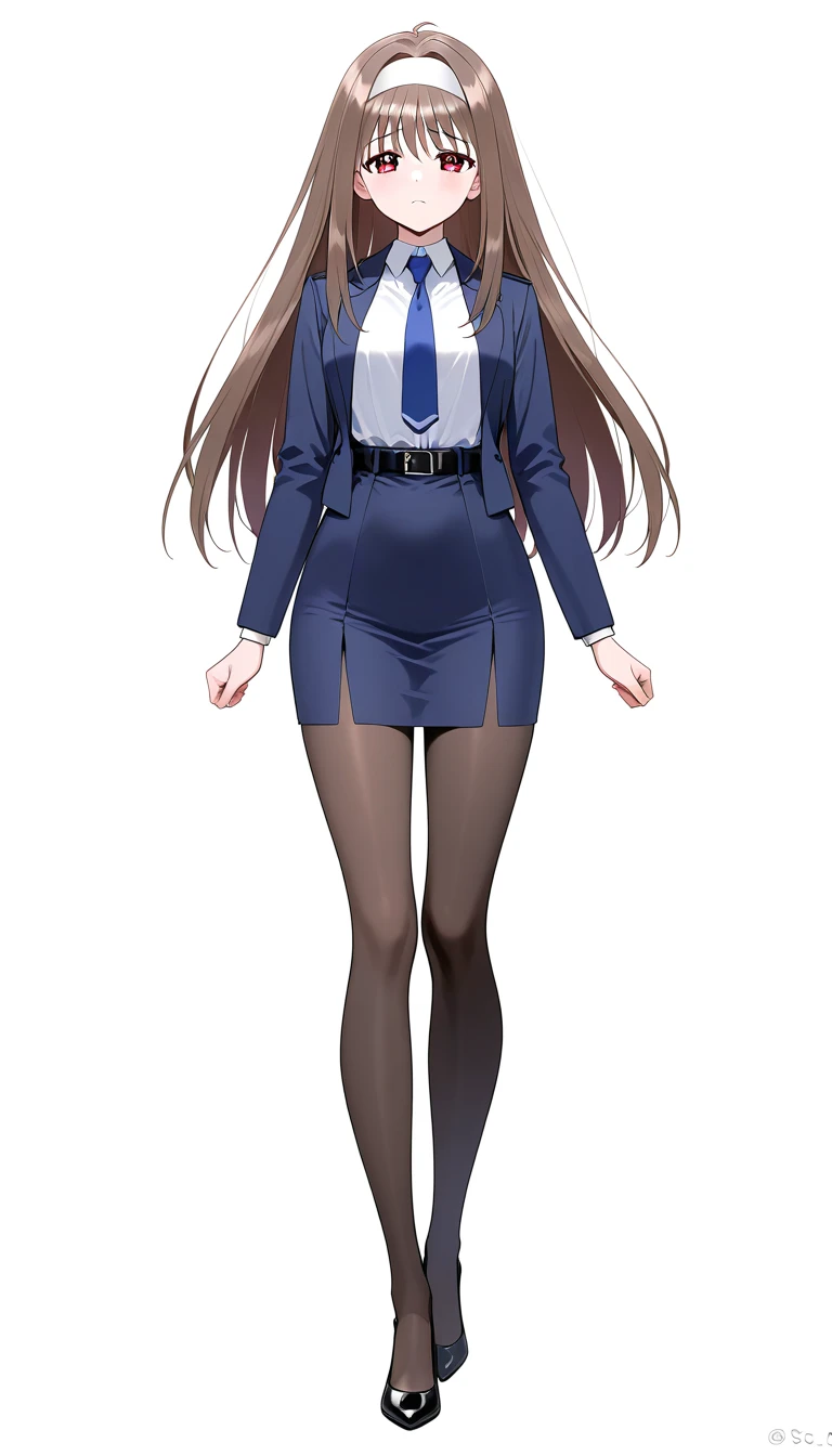  Masterpiece  ,  top quality, Good quality, Mizuho Yuki,  1 girl , Alone, Brown Hair、 long hair on background、bangs、White hair band、sad face 、Red Eyes、 full body style that reflects your whole body、Normal milk、 narrow waist 、Bare legs、 in a suit、 navy blue jacket , collared shirt 、 white shirt、 blue tie,belt, Navy Blue Tight Skirt, black tights、Black pumps、Anime Images、