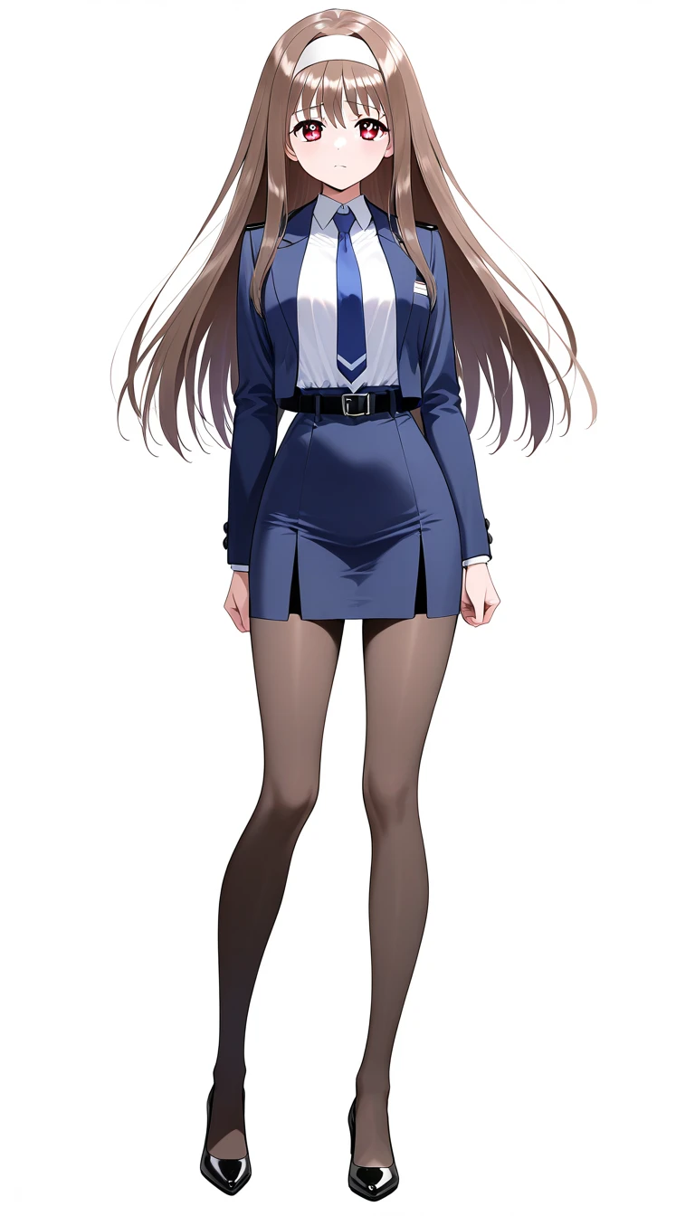  Masterpiece  ,  top quality, Good quality, Mizuho Yuki,  1 girl , Alone, Brown Hair、 long hair on background、bangs、White hair band、sad face 、Red Eyes、 full body style that reflects your whole body、Normal milk、 narrow waist 、Bare legs、 in a suit、 navy blue jacket , collared shirt 、 white shirt、 blue tie,belt, Navy Blue Tight Skirt, black tights、Black pumps、Anime Images、