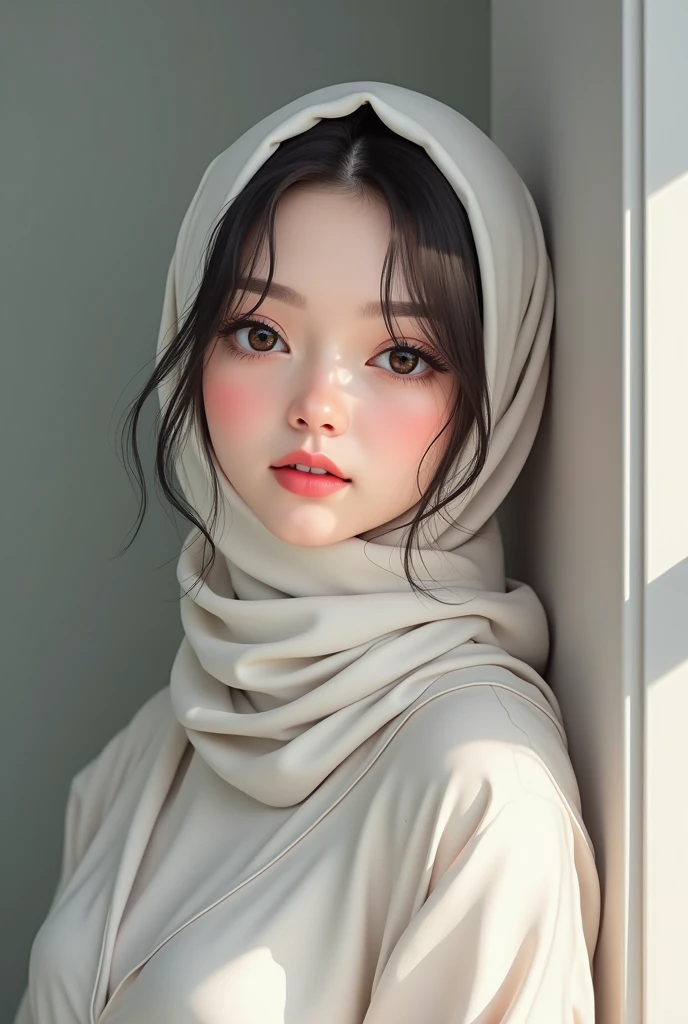 a beautiful woman wearing a hijab, tight sweater, detailed facial features, intricate patterns on hijab, soft lighting, warm color tones, elegant pose, photorealistic, cinematic, highly detailed, 8k, masterpiece