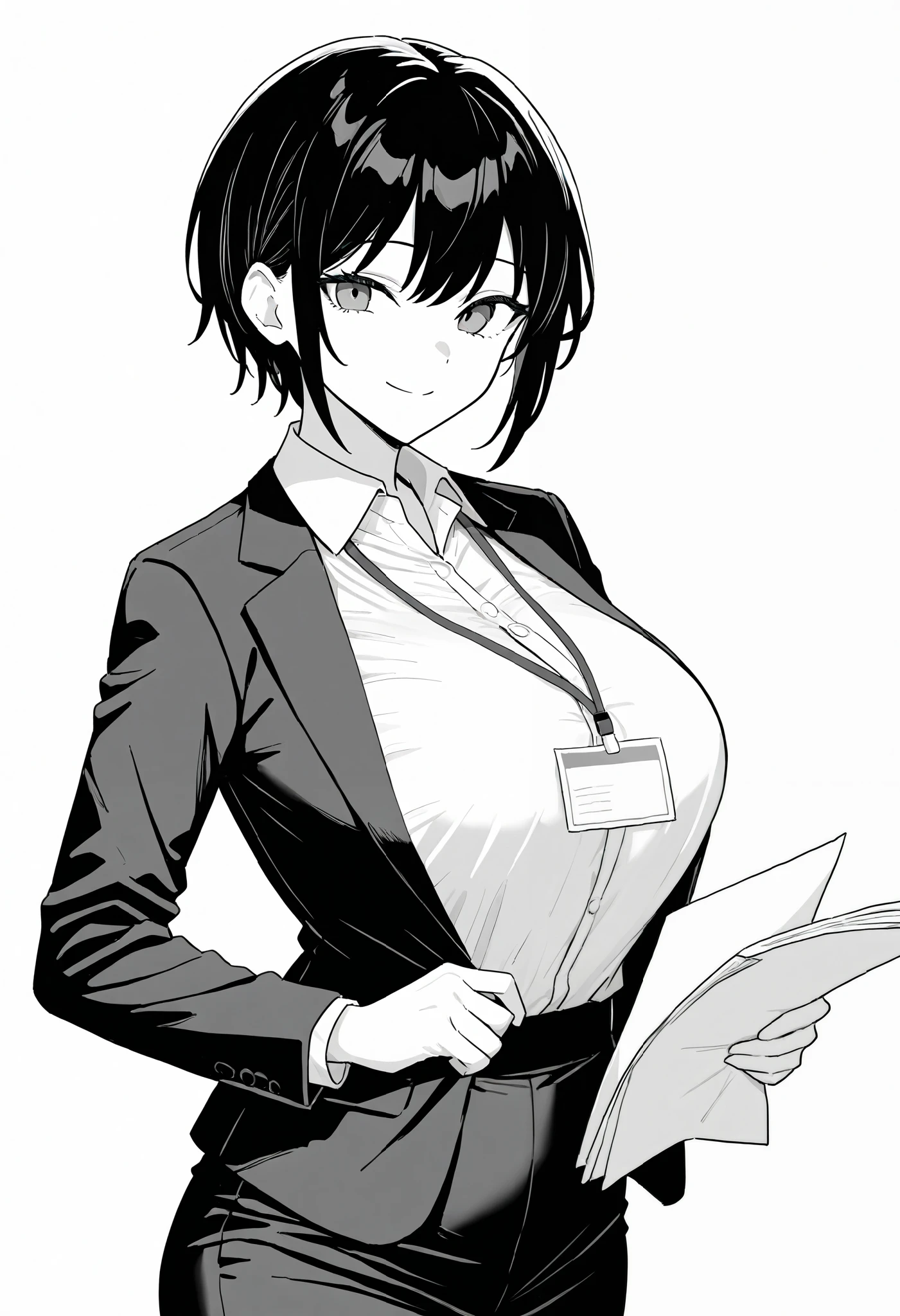 1girl, sensitive, grayscale, looking at viewer, office lady, short hair, breasts, collared shirt, tented shirt, black jacket, standing, holding papers, smile, closed mouth, white background, masterpiece, best quality, very aesthetic, absurdres