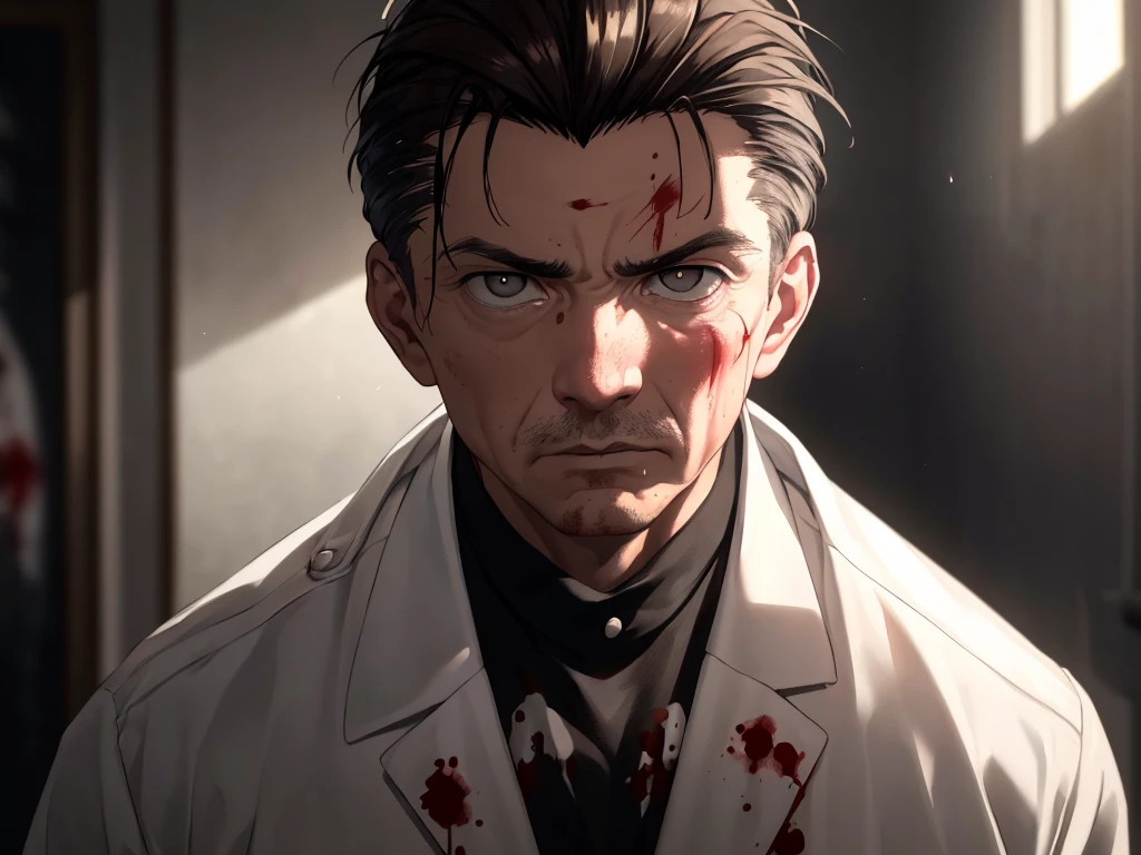 (glaring, scorn, parted lips), 1 male, (upper body), black eyes, ((sanpaku)), ((hair slicked back)), (dark brown hair), (white coat with bloodstain), cinematic lighting, dramatic lighting, Sharp Focus, (Best Quality, masterpiece, detailed, facial focus), (in the room, gray tone background), [old man, elderly], ((walking to viewer))