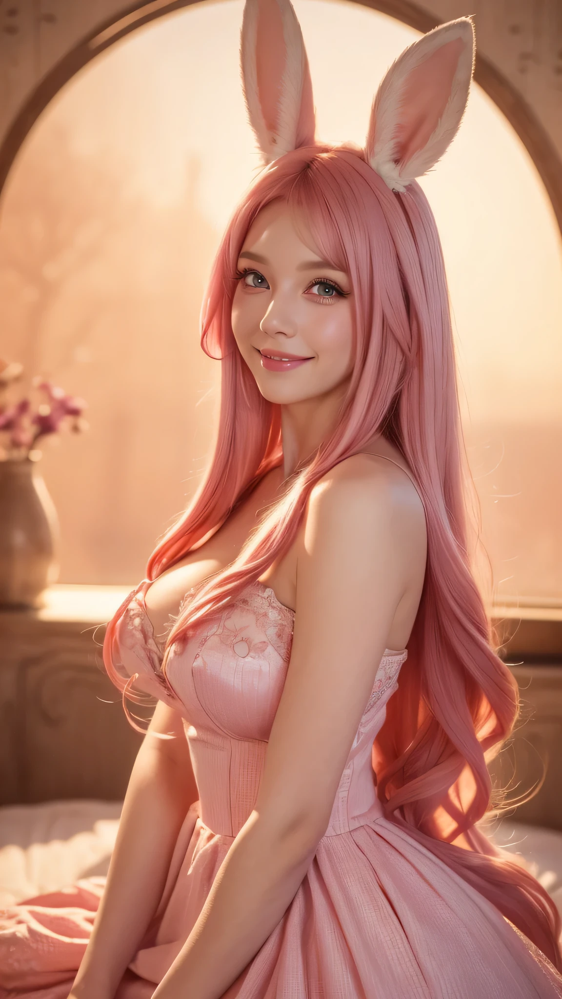 attractive woman no bra with slender body, pink hair, medium wavy hair, dynamic pose, facing at camera, light smile, parted lips, beautiful saggy breasts, cleavage, fluffy off-shoulder thin robe, medium long shot 1:3, natural soft lighting, summer in background private Japanese Zen garden