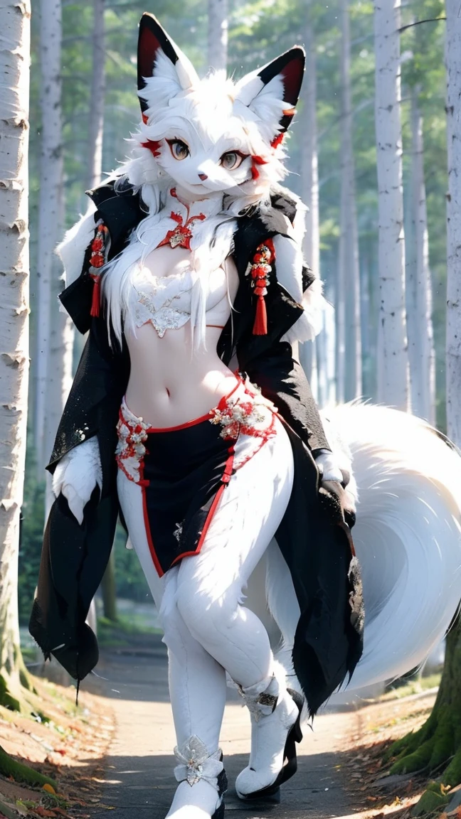  High Resolution ,  high detail,  High Quality ，Snow，Sea of Trees， A Chinese Ninetail Fox Woman，long white hair， Fluffy Fur and Hair ,  white fur ,  Furry Ninetail , Fur gloves, Fur Vest  , navel,  Short skirt ,  Fur Pencil Skirt ,  Plush Leggings , fur shoes,