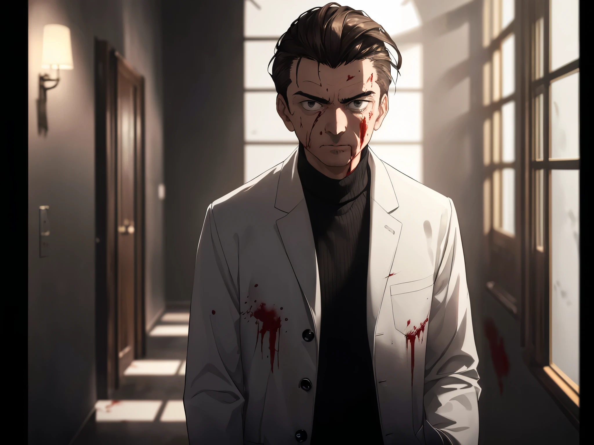 (glaring, scorn, parted lips), 1 male, (upper body), black eyes, ((sanpaku)), ((hair slicked back)), (dark brown hair), (white coat with bloodstain), cinematic lighting, dramatic lighting, Sharp Focus, (Best Quality, masterpiece, detailed, facial focus), (in the room, gray tone background), [old man, elderly], ((walking to viewer))