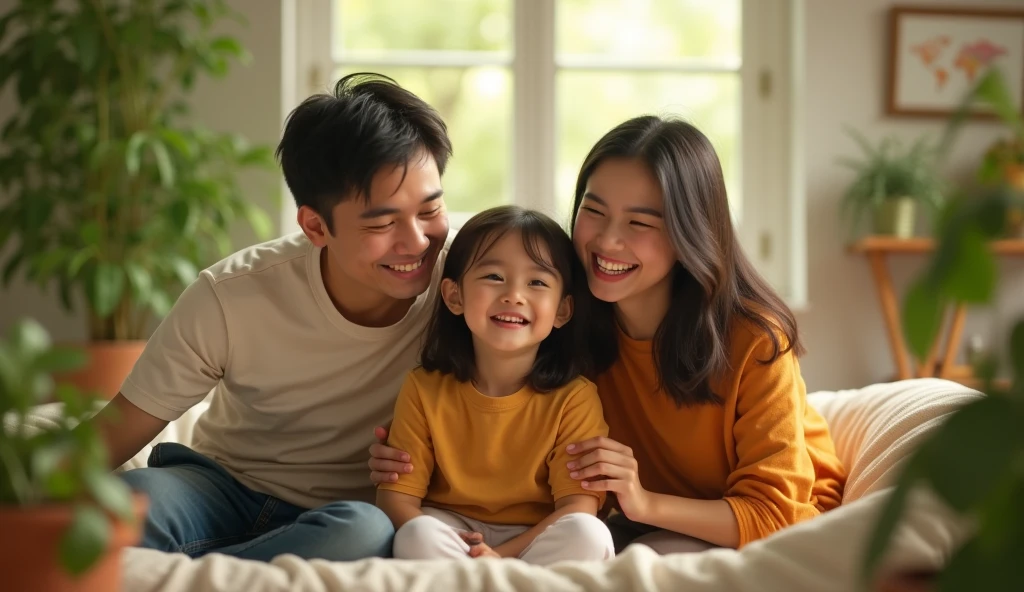 Indonesian family, husband age 25, 20 year old woman,  boy, sitting on the couch, photo studio background, original