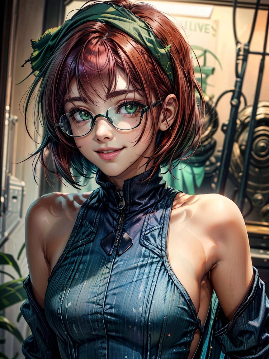 Short,  red hair ,  green eyes ,  metal-framed glasses, green scarf on the head,  bare shoulders are visible,  denim jumpsuit ,  smiling girl.