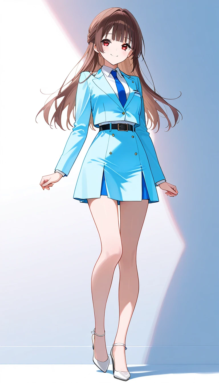 masterpiece、 top quality、Good quality、Love Minami、1 Girl、solo、 long hair on background、Brown Hair、 red eyes、bangs、smile、 full body style that reflects your whole body、Normal milk、 narrow waist 、Bare legs、 in a suit、Light blue jacket, collared shirt 、 white shirt、 blue tie,belt, light blue tight skirt ,white heel pumps、Anime Images、