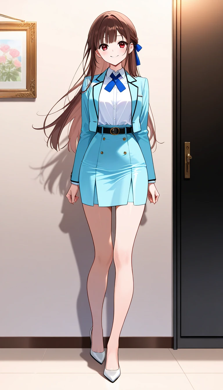 masterpiece、 top quality、Good quality、Love Minami、1 Girl、solo、 long hair on background、Brown Hair、 red eyes、bangs、smile、 full body style that reflects your whole body、Normal milk、 narrow waist 、Bare legs、 in a suit、Light blue jacket, collared shirt 、 white shirt、 blue tie,belt, light blue tight skirt ,white heel pumps、Anime Images、