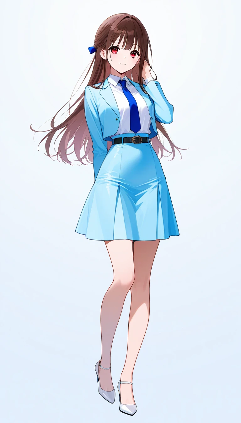 masterpiece、 top quality、Good quality、Love Minami、1 Girl、solo、 long hair on background、Brown Hair、 red eyes、bangs、smile、 full body style that reflects your whole body、Normal milk、 narrow waist 、Bare legs、 in a suit、Light blue jacket, collared shirt 、 white shirt、 blue tie,belt, light blue tight skirt ,white heel pumps、Anime Images、