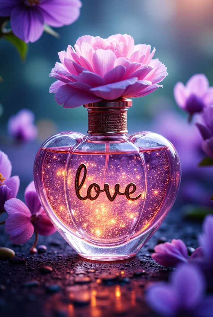  Perfume Heart Shaped Bottle and Flower Cap on Bottle Text "Love"  very beautiful font ,  Different colors shimmer in the Bottle ,  Mystic Atmosphere , daylight,  Beautiful Violets tied with a ribbon , Love and Warmth ,  Best quality ,  Complex details , bright colors, 8 k,  Maximum Quality ,  masterpiece ,