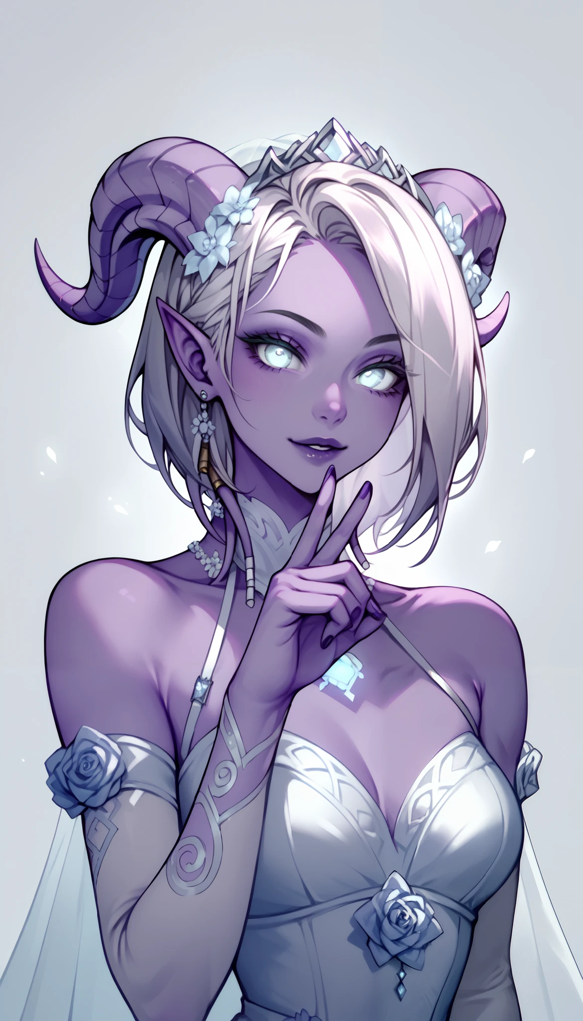 score_9, score_8_up, score_7_up, 1girl, solo, bob hair, glowing grey eyes, curved ram horns, sharp ears, purple skin, Draenei, stark grey background, limited violet palette, monochromatic, eerie atmosphere, light wedding dress, seductive, flirty hands gesture, touch the lower lip
