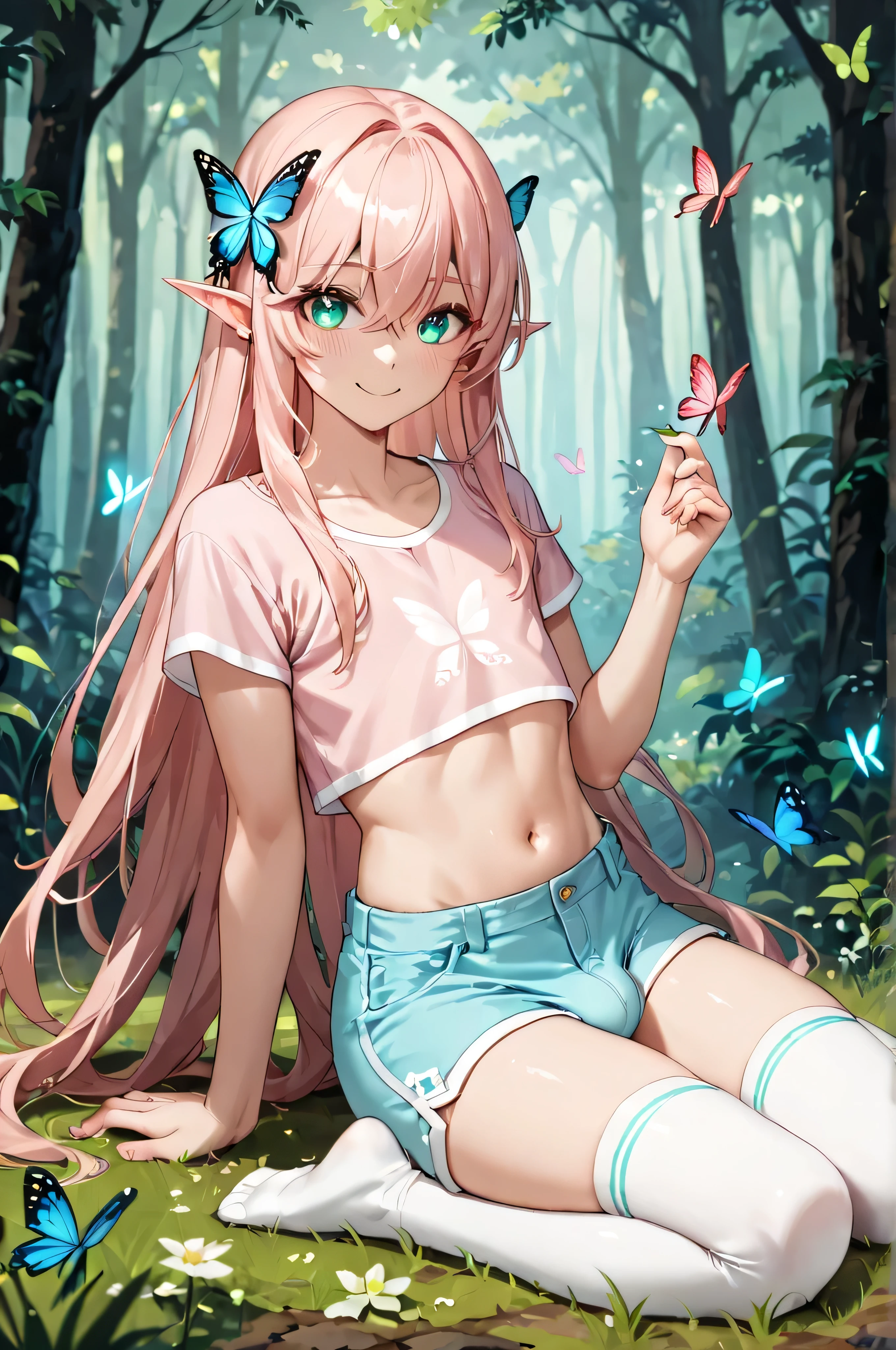 masterpiece, anime, elven forest, elf, 1boy, ****ars old, otoko no ko, pink_hair, straight_longhair, turquoise_eyes, girly, curvy, crossdressing, pink crop_top, turquoise dolphine_shorts, bulge, black and white thigh_high_socks, smile, butterfly_sitting, looking at viewer, fullbody