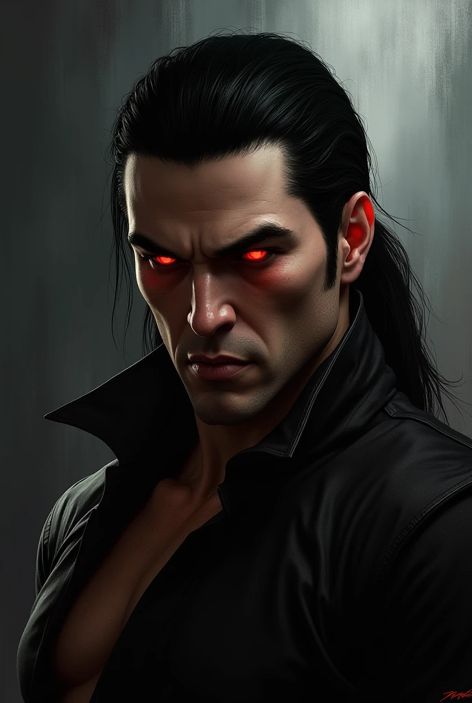 male, vampire, black long hair, red eyes, beard, tattoos, muscular, rococo, trending on artstation, sharp focus, studio photo, intricate details, highly detailed, by greg rutkowski