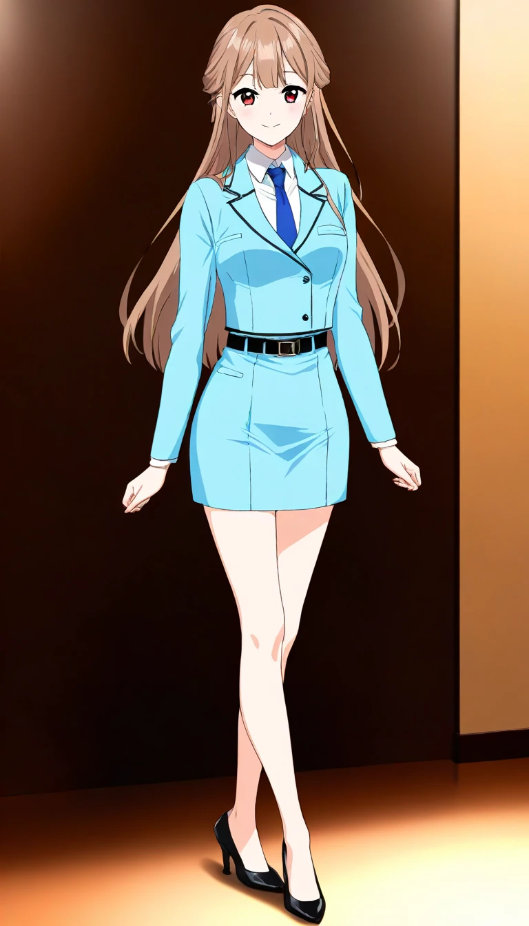 masterpiece、 top quality、Good quality、Love Minami、1 Girl、solo、 long hair on background、Brown Hair、 red eyes、bangs、smile、 full body style that reflects your whole body、Normal milk、 narrow waist 、Bare legs、 in a suit、Light blue jacket, collared shirt 、 white shirt、 blue tie,belt, light blue tight skirt ,white heel pumps、Anime Images、