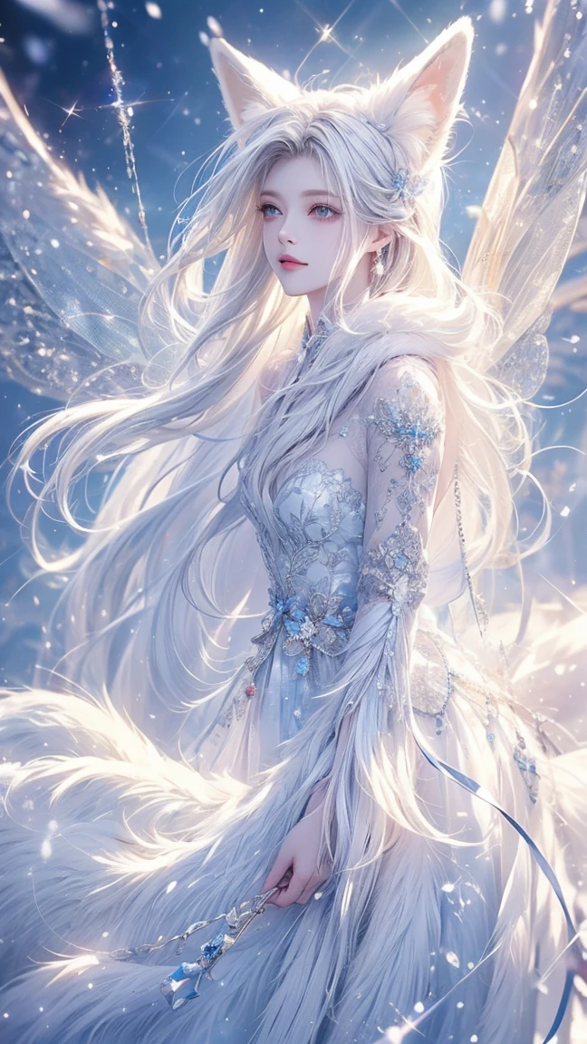  High Resolution ,  high detail,  High Quality ，Snow，Sea of Trees， A Chinese Ninetail Fox Woman，long white hair， Fluffy Fur and Hair , Wear White Fairy Dress ，: with Blue Magic Effect Fairy， Swing Fairy Skirt ， Shine Effect , 