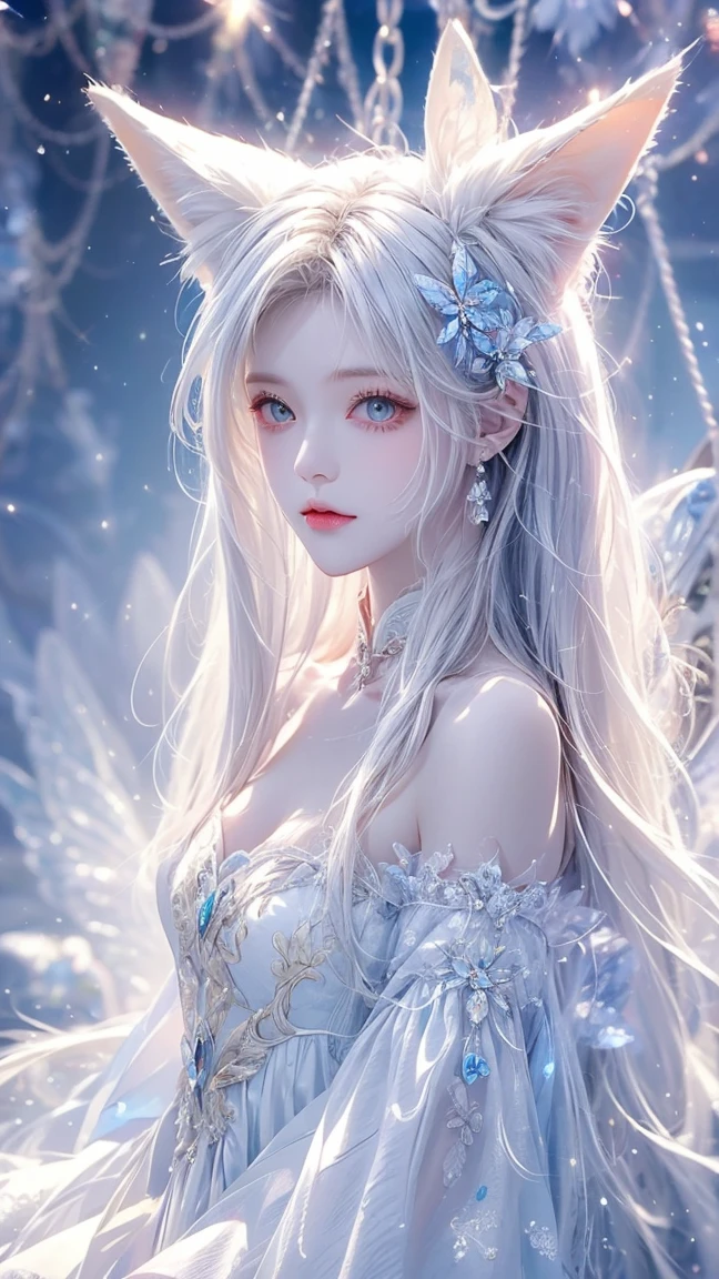  High Resolution ,  high detail,  High Quality ，Snow，Sea of Trees， A Chinese Ninetail Fox Woman，long white hair， Fluffy Fur and Hair , Wear White Fairy Dress ，: with Blue Magic Effect Fairy， Swing Fairy Skirt ， Shine Effect , 