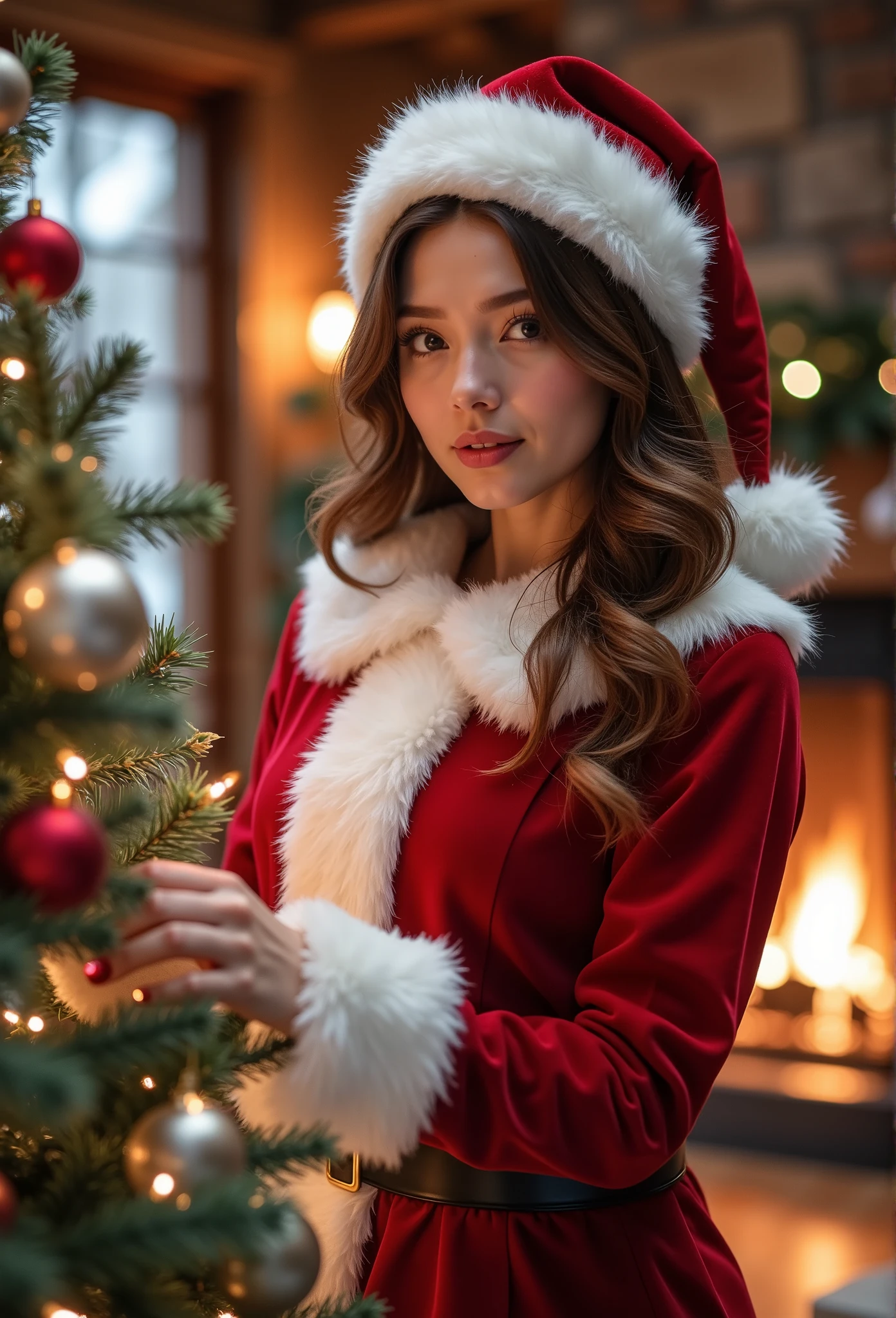 A woman in a realistic Santa Claus costume preparing a Christmas tree, intricate details, beautiful detailed eyes, beautiful detailed lips, extremely detailed face and eyes, long eyelashes, photorealistic, 8k, high resolution, masterpiece, ultra-detailed, realistic, photo-realistic, vivid colors, warm lighting, Christmas themed, festive atmosphere, winter wonderland, holiday spirit, cozy interior, wooden furniture, snow-covered landscape, twinkling lights, ornaments, fireplace, holiday cheer