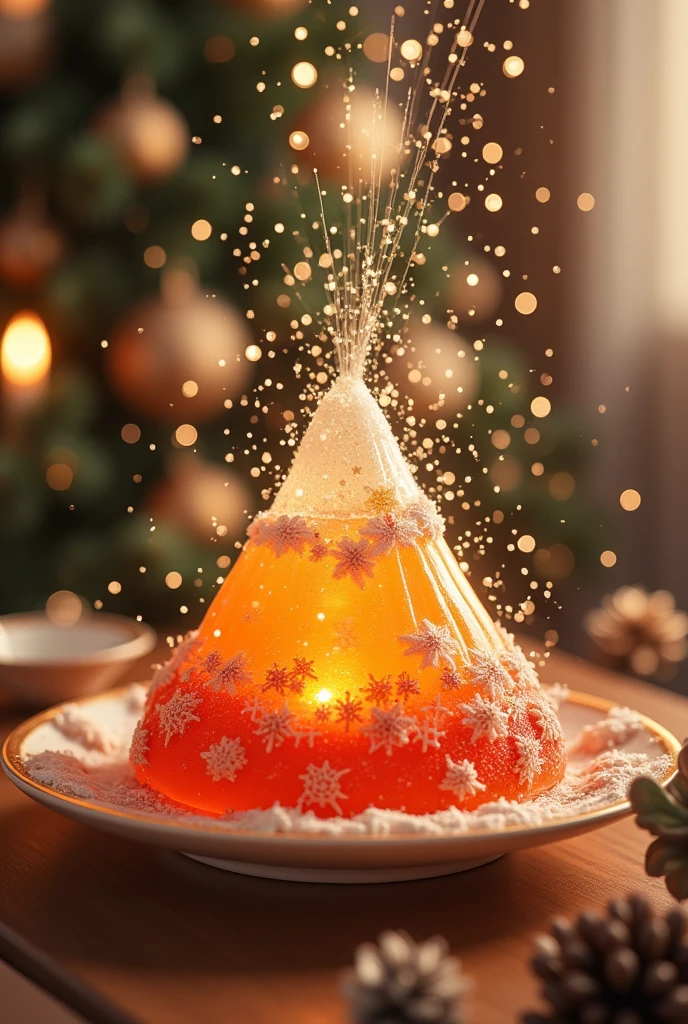  A volcano made from transparent candy,Squirting candy ,,Microscopic Photography ,Christmas atmosphere,Transparent texture,Clear syrup ，The Christmas tree is glowing，snowflake, ( Christmas atmosphere in the room :1.5)， Ultra HD, masterpiece ,  height detail,  high quality,  best quality , HD Symbol 