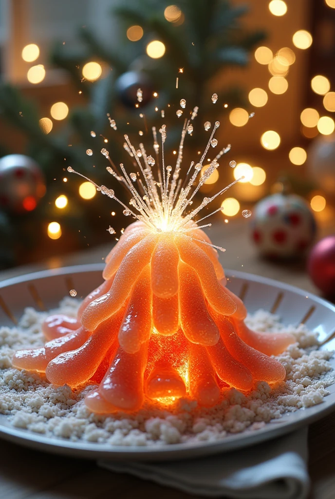  A volcano made from transparent candy,Squirting candy ,,Microscopic Photography ,Christmas atmosphere,Transparent texture,Clear syrup ，The Christmas tree is glowing，snowflake, ( Christmas atmosphere in the room :1.5)， Ultra HD, masterpiece ,  height detail,  high quality,  best quality , HD Symbol 