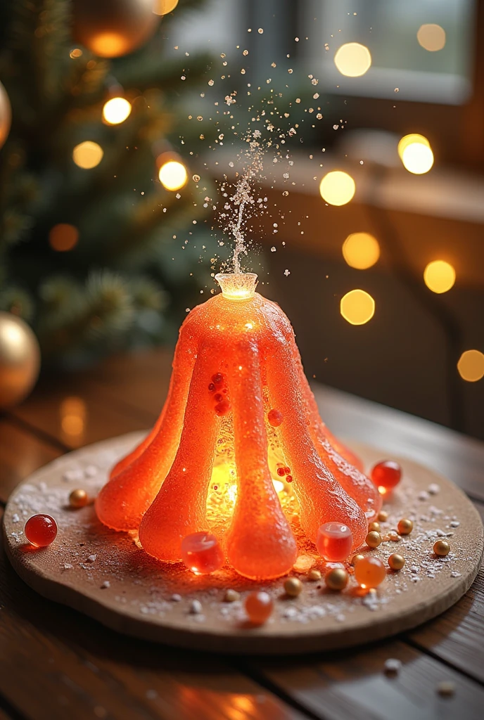  A volcano made from transparent candy,Squirting candy ,,Microscopic Photography ,Christmas atmosphere,Transparent texture,Clear syrup ，The Christmas tree is glowing，snowflake, ( Christmas atmosphere in the room :1.5)， Ultra HD, masterpiece ,  height detail,  high quality,  best quality , HD Symbol 