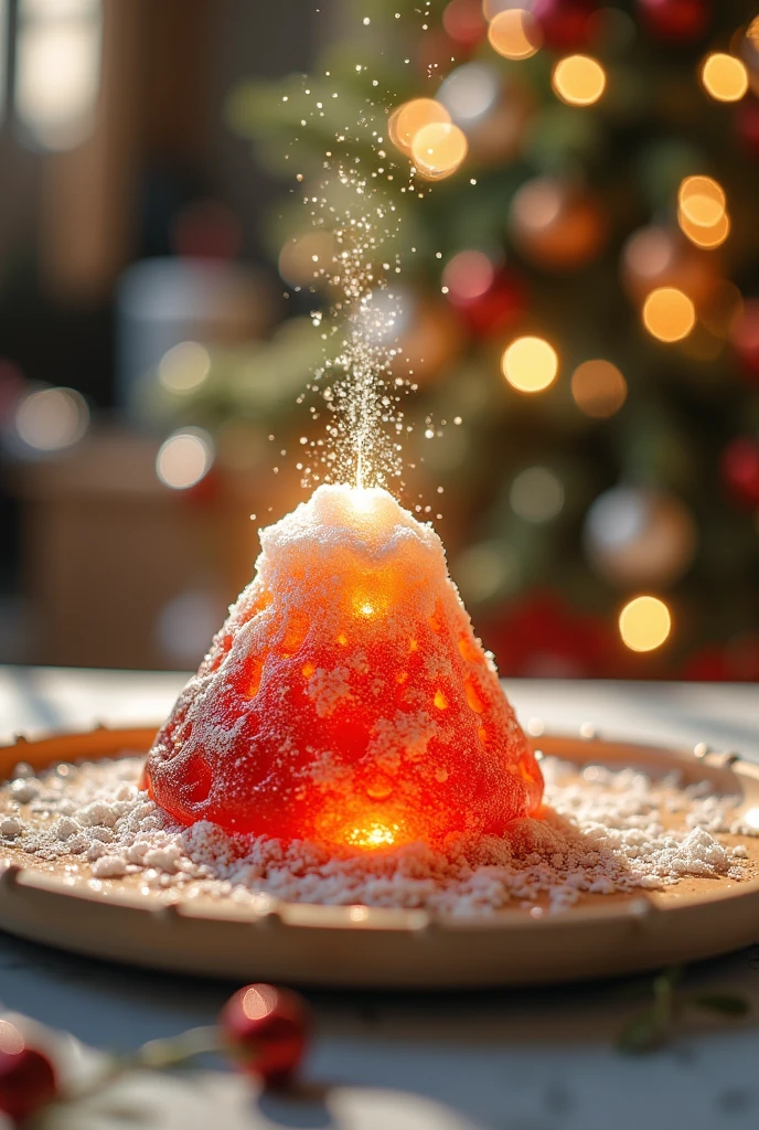  A volcano made from transparent candy,Squirting candy ,,Microscopic Photography ,Christmas atmosphere,Transparent texture,Clear syrup ，The Christmas tree is glowing，snowflake, ( Christmas atmosphere in the room :1.5)， Ultra HD, masterpiece ,  height detail,  high quality,  best quality , HD Symbol 