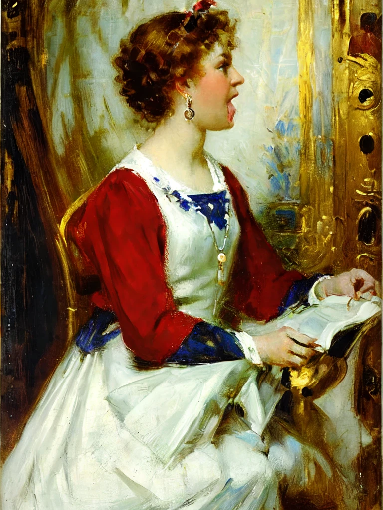 (Masterpiece:1.2), (best quality:1.2), (super high resolution:1.2),
Half-length portrait of woman, profile, sitting on a chair, retro dress, brown curly hair, aristocrat, sapphire necklace, silver earrings, Renaissance, 17th century portrait, flowers, vase, style of Lovis Corinth, sticking out his tongue 