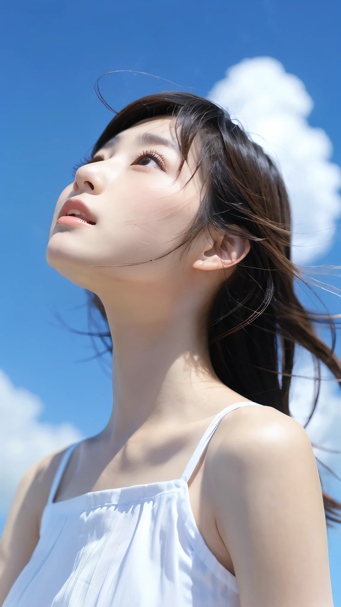 、 very in Japanese looking straight ahead 、、Realistic、One Japanese girl 、 face、white mini dress、 sleeveless、Blue sky background、 looking up at the sky、