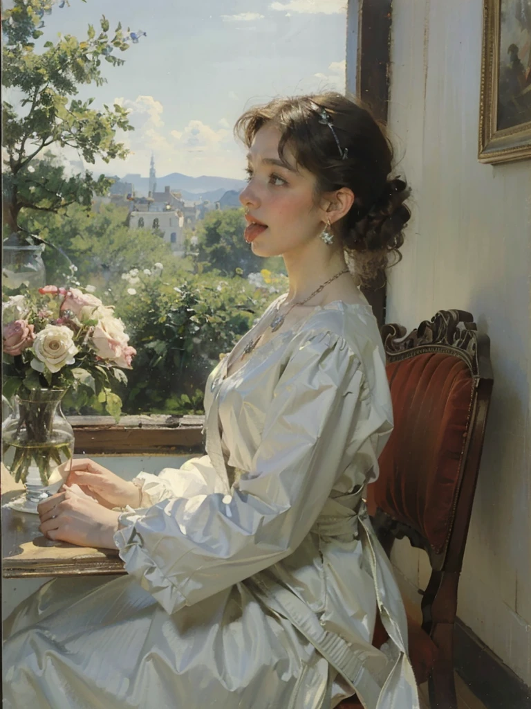 (Masterpiece:1.2), (best quality:1.2), (super high resolution:1.2),
Half-length portrait of woman, profile, sitting on a chair, retro dress, brown curly hair, aristocrat, sapphire necklace, silver earrings, Renaissance, 17th century portrait, flowers, vase, style of Lovis Corinth, sticking out his tongue .cross-eyed 