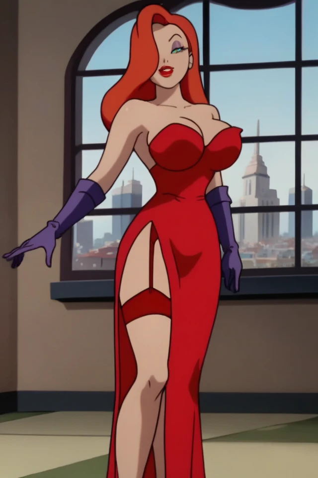 score_9, score_8_up, score_7_up, masterpiece, best quality, very aesthetic, absurdres, source_anime, anime screencap, 1990s \(style\), BREAK 1girl, solo, mature female, Jessica Rabbit, red hair, long hair, green eyes, makeup, huge breasts, red gorgeous evening gown, side slit, red garter belt, red thigh highs, shiny clothing, (sexy pose:1.2), BREAK smile, indoors, luxury room, window, cityscape,