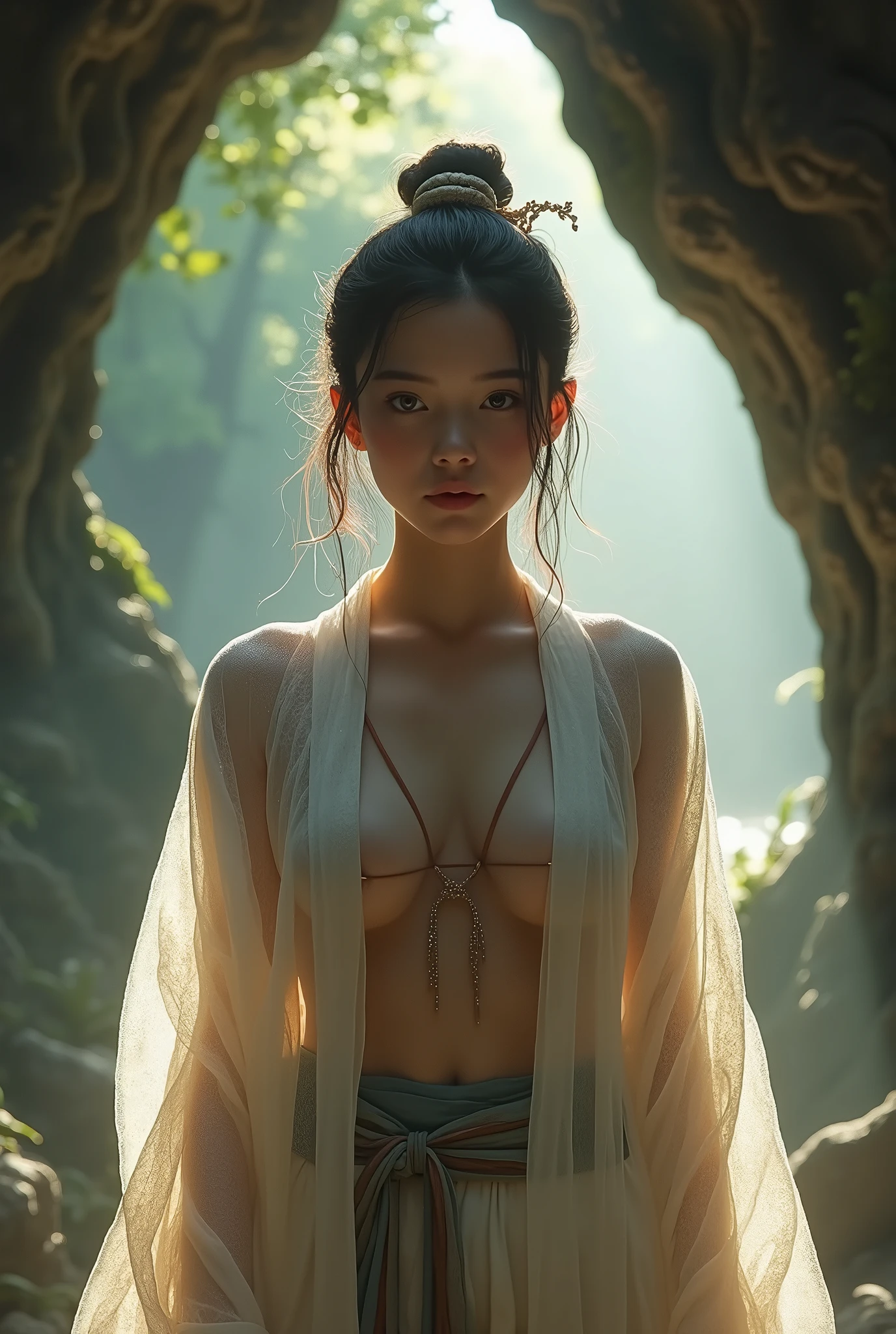 Under the body ,high resolution,(8K, Best quality, Masterpiece:1.2), (Realistic, photo-realistic:1.2),The whole body,Detailed face,(Delicate texture, Pattern, Hanfu),Liu Yifei's face,open breasts.no bra.