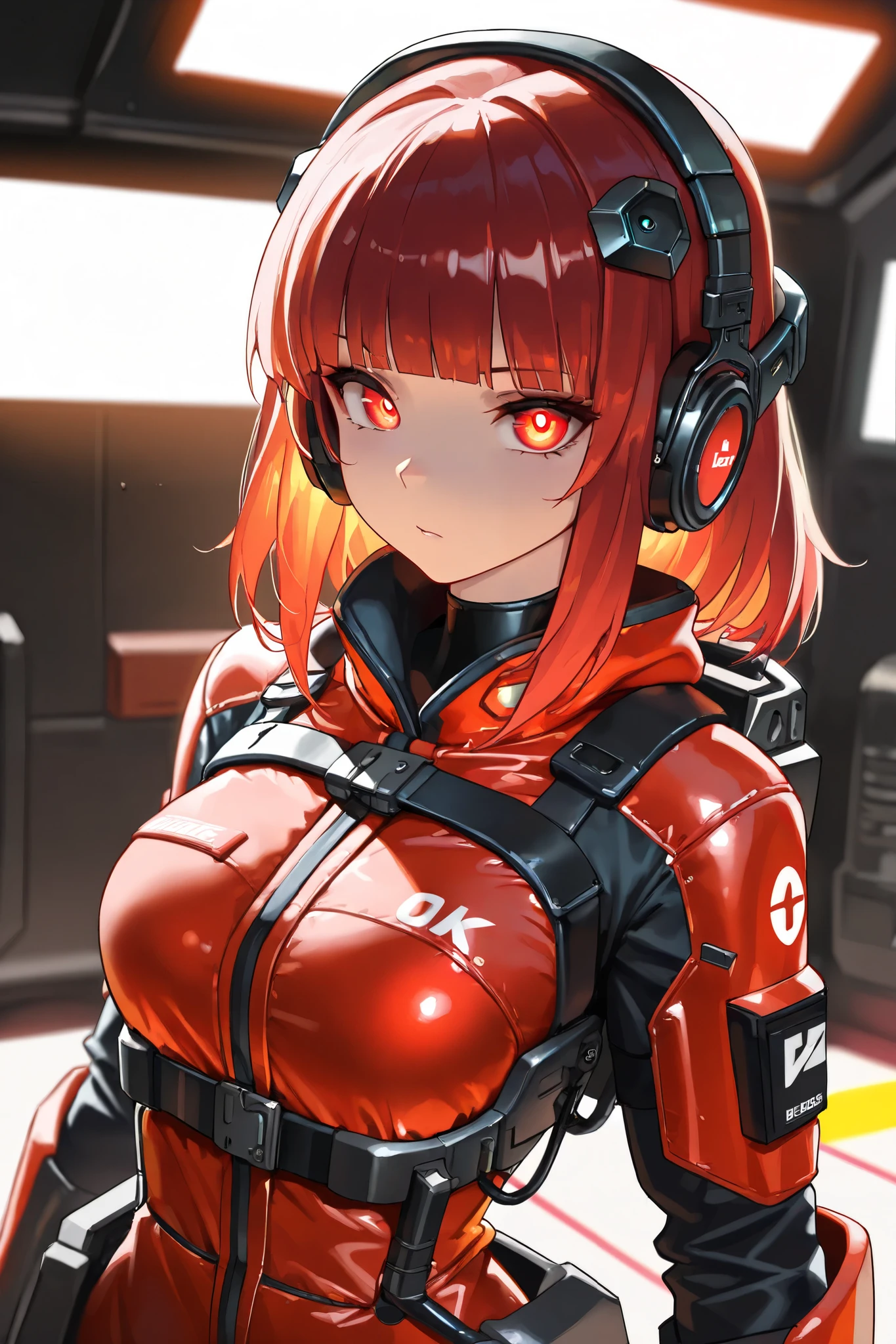 mech female, Bobbed hair, shiny red hair, blunt bangs, medium hair, futuristic exoskeleton, futuristic instrumentation, (red futuristic jumpsuit), (deboss processing decoration on body), (headphones gear), glowing red eyes, deep red trim on exoskeleton, upper body, (best quality,4k,8k,highres,masterpiece:1.2),ultra-detailed,intricate details, high fashion, dramatic lighting, warm colors, chiaroscuro