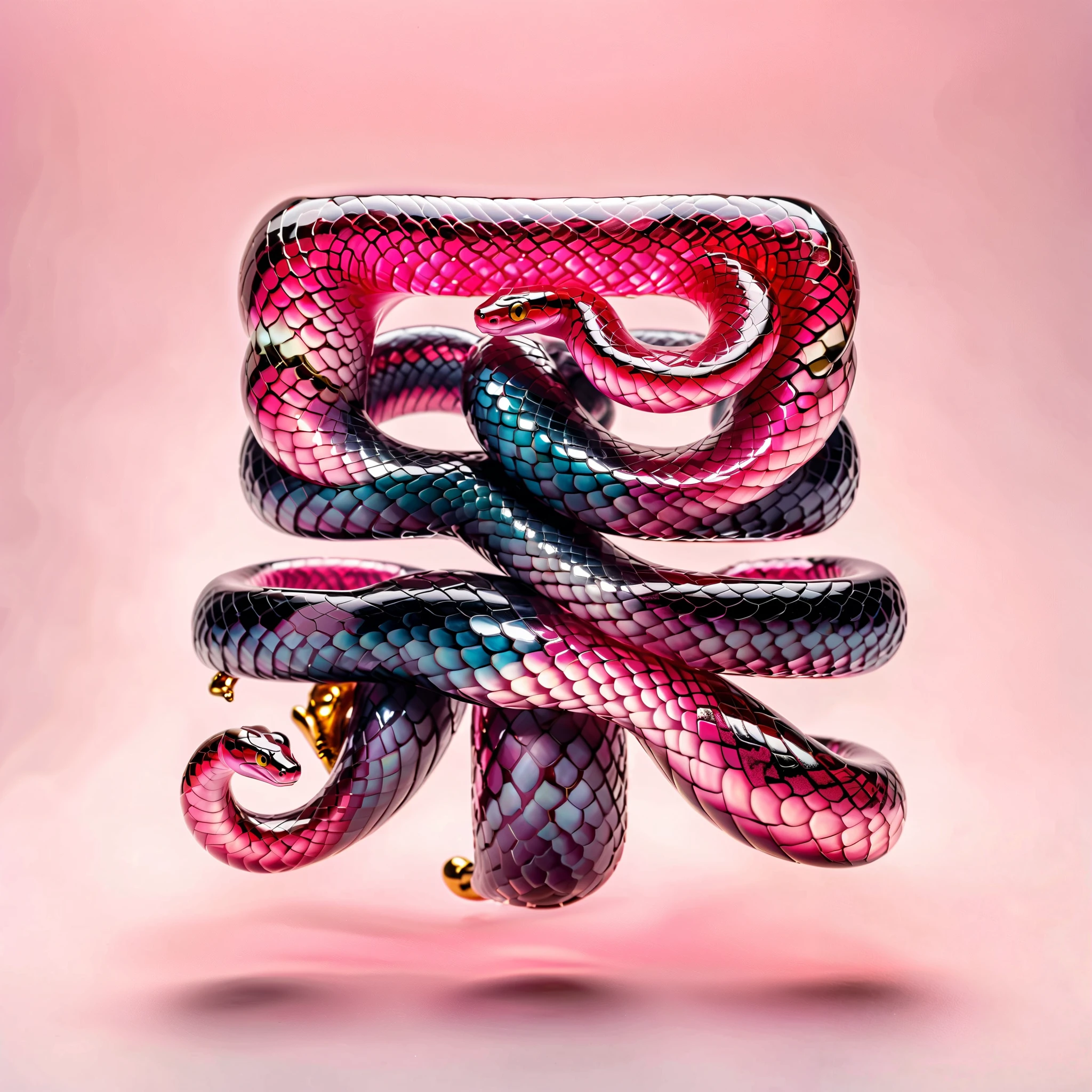  Very delicate little pink clear glass snakes,  Decorate with little gold and red . beautiful and exquisite Details, Flickering Light . Highest quality glass art .,((  white background ))