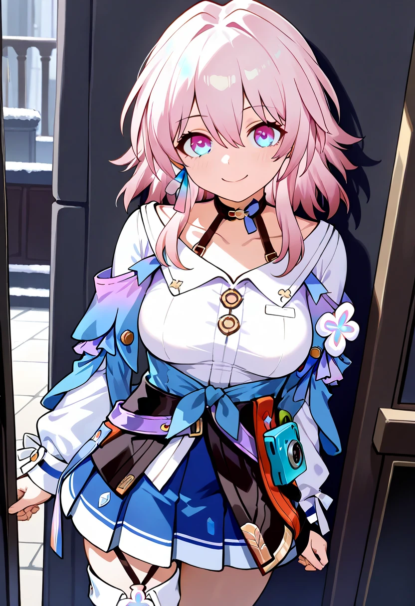 masterpiece, best quality, amazing quality, very aesthetic, absurdres, 1girl, solo, march7th(HONKAI_STAR RAIL), pink hair, white shirt, blue skirt, jacket, smile