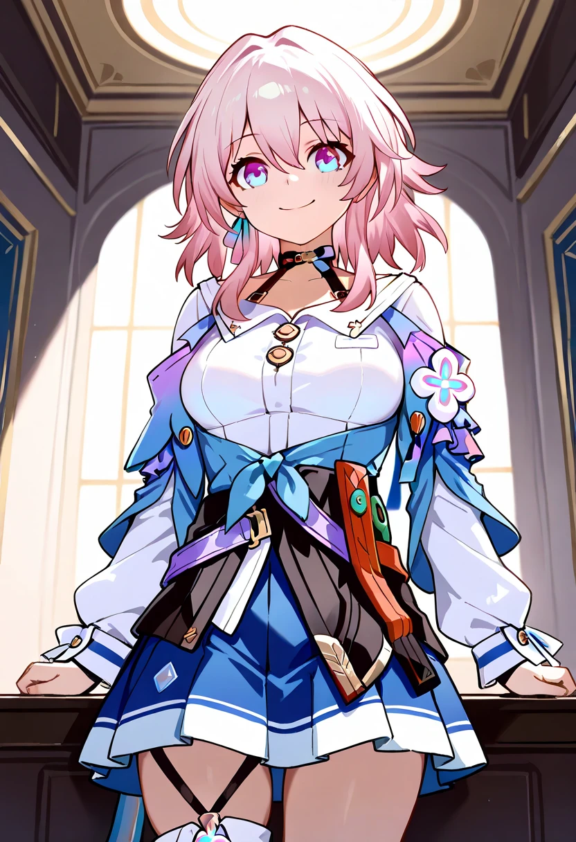 masterpiece, best quality, amazing quality, very aesthetic, absurdres, 1girl, solo, march7th(HONKAI_STAR RAIL), pink hair, white shirt, blue skirt, jacket, smile