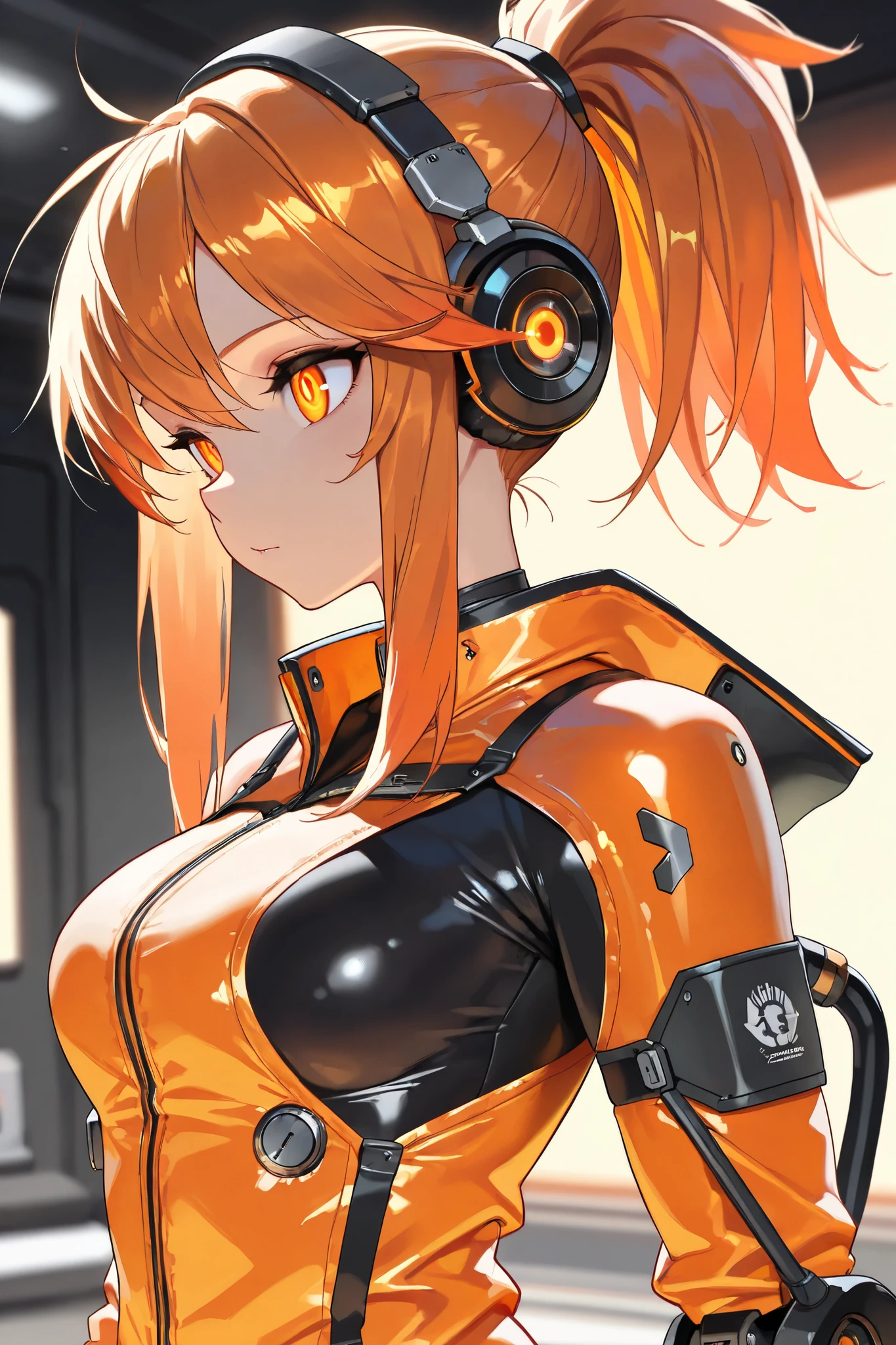 mech female, disheveled hair, (sidelocks), shiny orange hair, (high ponytail hair :1.5), medium hair, futuristic exoskeleton, futuristic instrumentation, (orange futuristic jumpsuit), (deboss processing decoration on body), (headphones gear), glowing orange eyes, upper body, deep orange trim on exoskeleton, (best quality,4k,8k,highres,masterpiece:1.2),ultra-detailed,intricate details, high fashion, dramatic lighting, warm colors, chiaroscuro