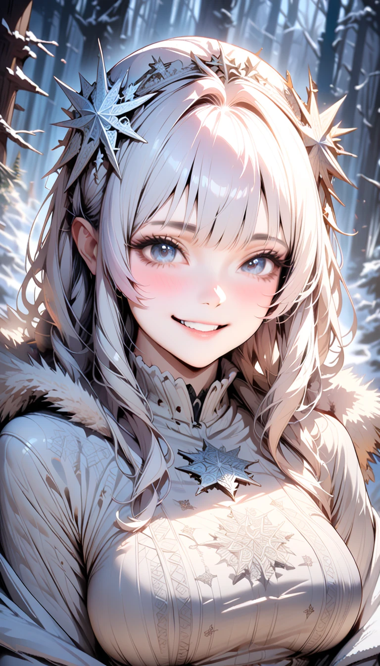 ((best quality)) , ((masterpiece)) , (detailed),1 Girl，Stars，snowflake，books，forest，Smile