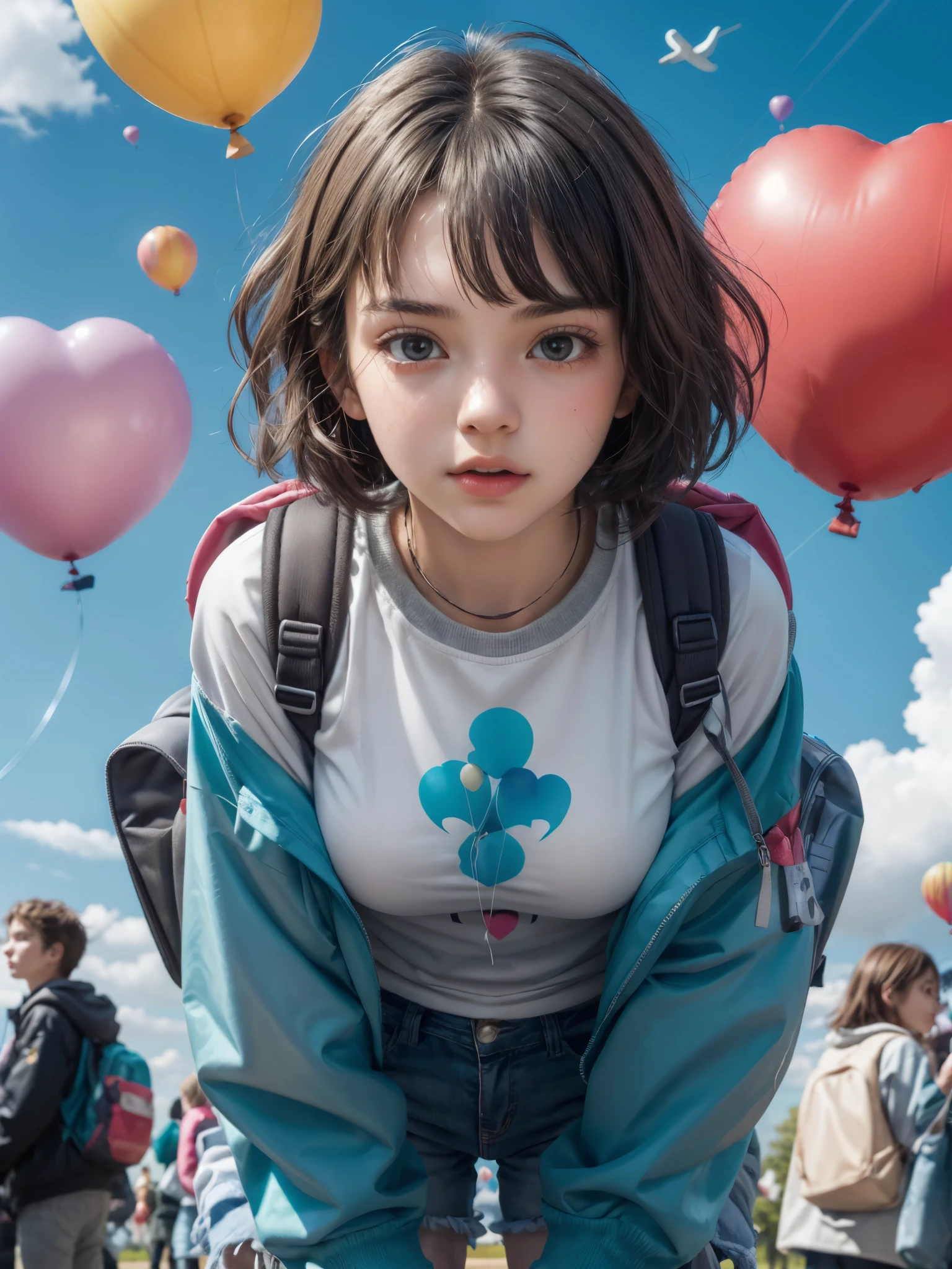 girl, (, earlye:1.4), holding balloon, looking at viewer, backpack, jacket, (breasts), headphone, short hair, bangs, heart balloon, floating balloons, balloons, vibrant, serious expressions, beauty, leaning forward, exquisite, masterpiece, grey, 