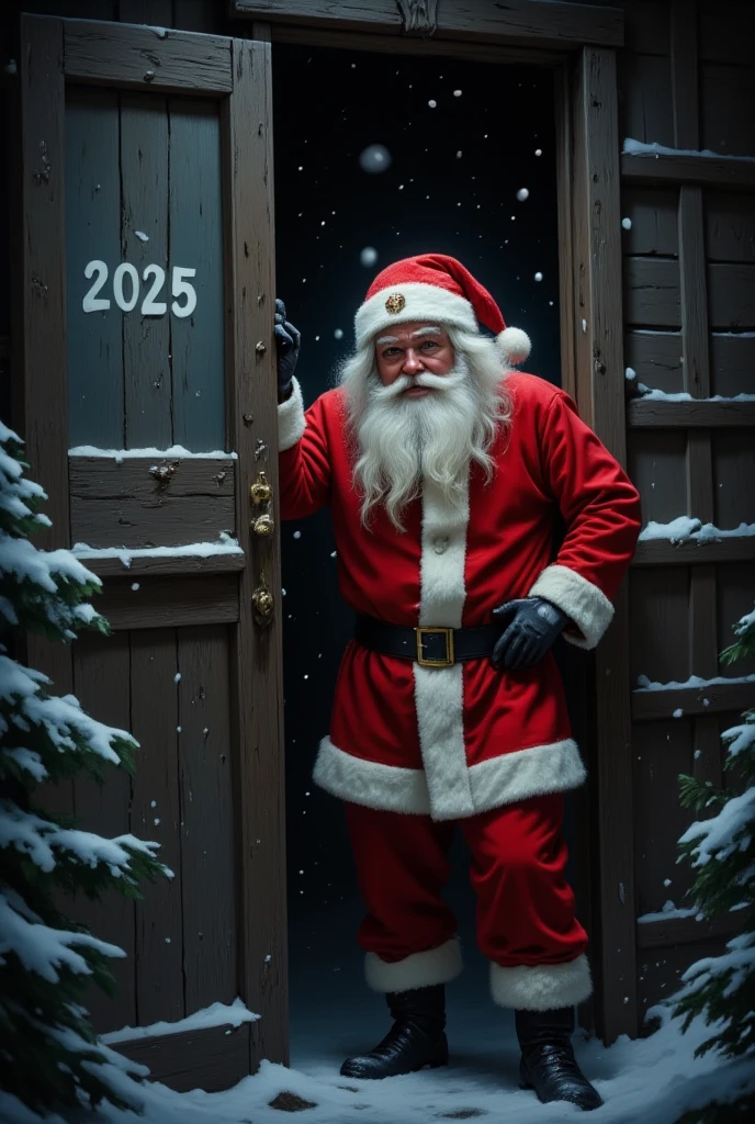 Magic style, realism, illustration, Close-up. The image is a digital illustration of Santa Claus peeking out from behind a wooden door with the number 2025 written on it. He is wearing a traditional red and white suit with a black belt and boots. He has a white beard and a red hat with a white pom-pom on top. The background is dark and blurred, with snowflakes falling from the sky. The overall mood of the image is festive and magical.