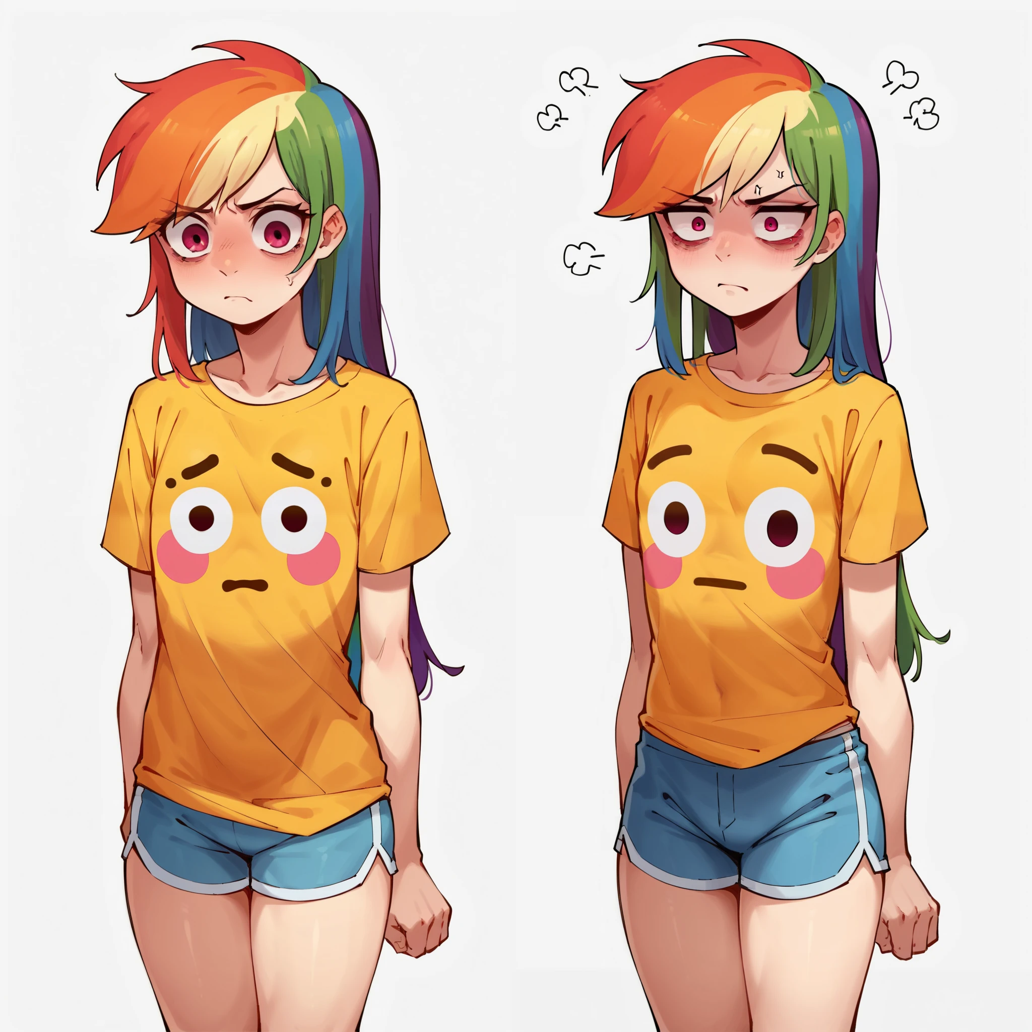 score_9, score_8_up, score_7_up, score_6_up, score_5_up, score_4_up, BREAK, thighs, <lora:flushed_shirt_meme:0.8>, flushed_emoji_shirt, multiple views,  simple background, t-shirt, human, rainbow dash, flat chest, (devastated expression:1.2), annoyed, unjustified expectations, sad