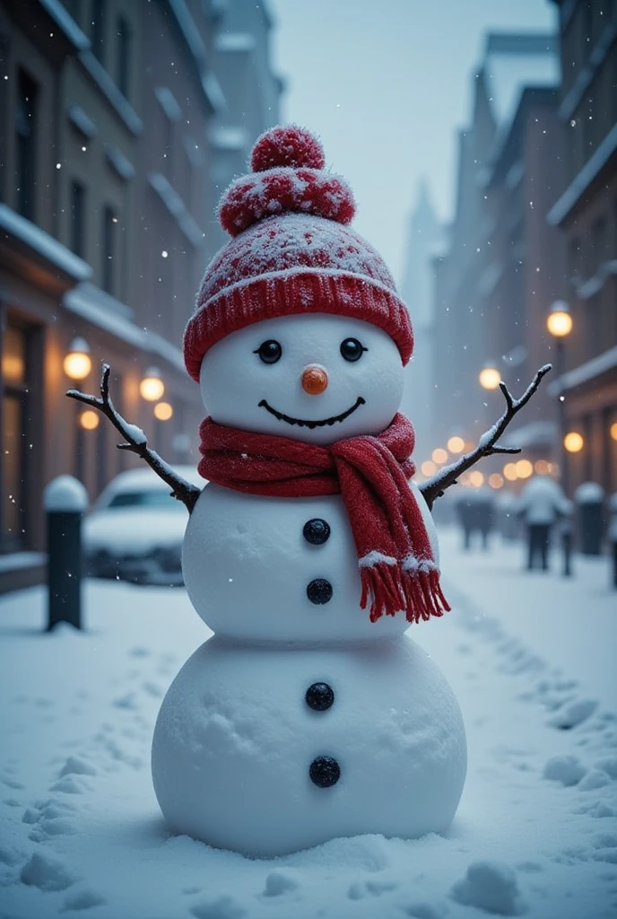 Magic style, realism, illustration,
The image is a photograph of a snowman on a snowy street at night. The snowman is wearing a red knitted hat with a pom-pom on top and a scarf around his neck. It has a carrot nose and two black eyes. The background is blurred, but it appears to be a city street with buildings and lights. The sky is dark and the snow is falling heavily, creating a wintery atmosphere. The overall mood of the image is peaceful and serene.