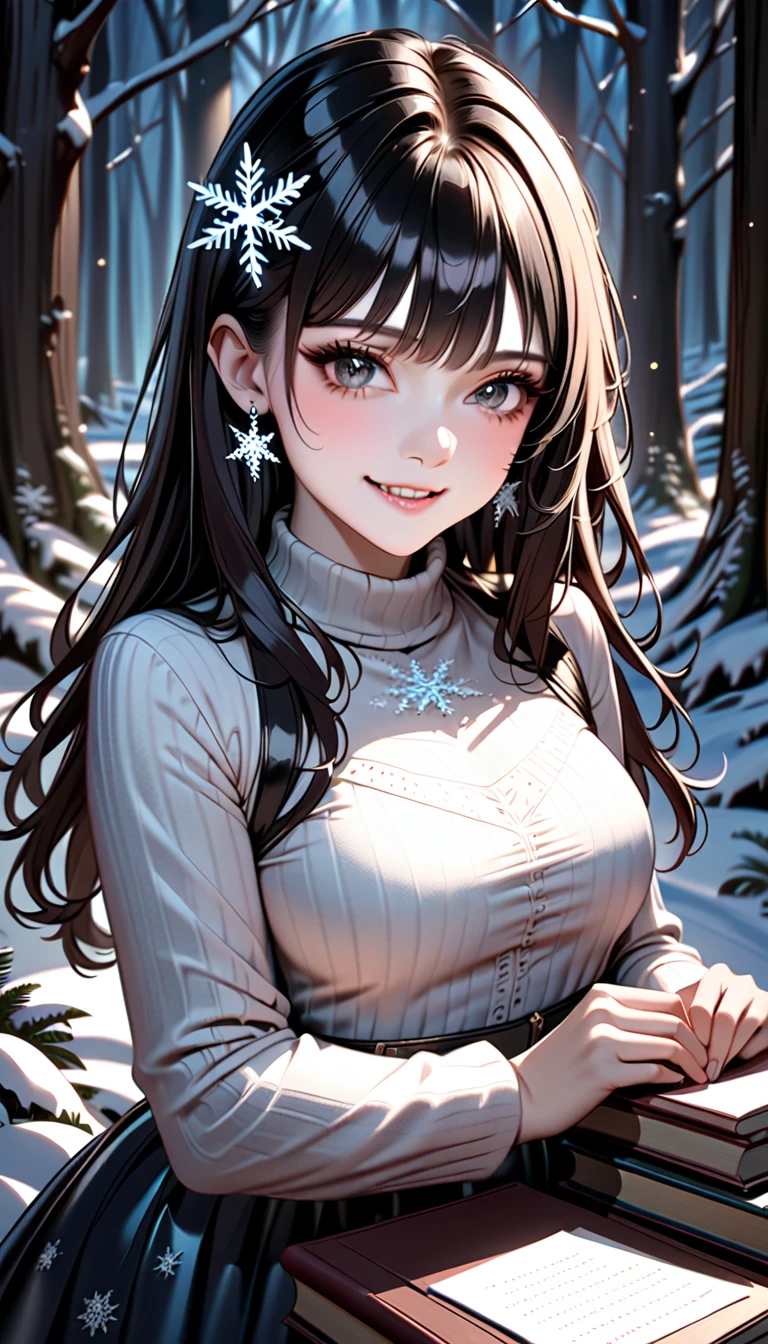 ((best quality)) , ((masterpiece)) , (detailed),1 Girl，Stars，snowflake，books，forest，Smile