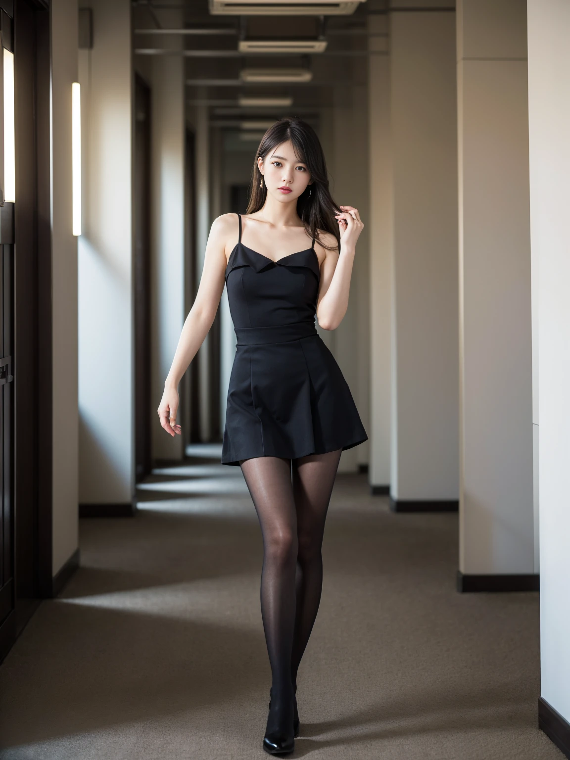 nogizaka girl,  insanely cute , bishojo, 18 years old, (Shibuyaファッション), Micro Mini Skirt, black tights,  Exquisite and beautiful face, eyes, and skin , Dense, shiny black hair, Shibuya１０９, , 、 thick soled long boots、, ( short black dress standing in a white hallway and ), ( cowboy shot), (Shibuyaスクランブル交差点,  professional lighting, break, ( realistic, photo- realistic:1.37), 8k, (masterpiece), ( top quality:1.4), ( super high resolution:1.2), ( RAW photos :1.2), (Delicate costume, ),  perfect anatomy , 4 fingers and 1 thumb,  Super Detailed Background , (unity 8k wallpaper) sit on a chair、Thick black pantyhose,Unprotected lower body