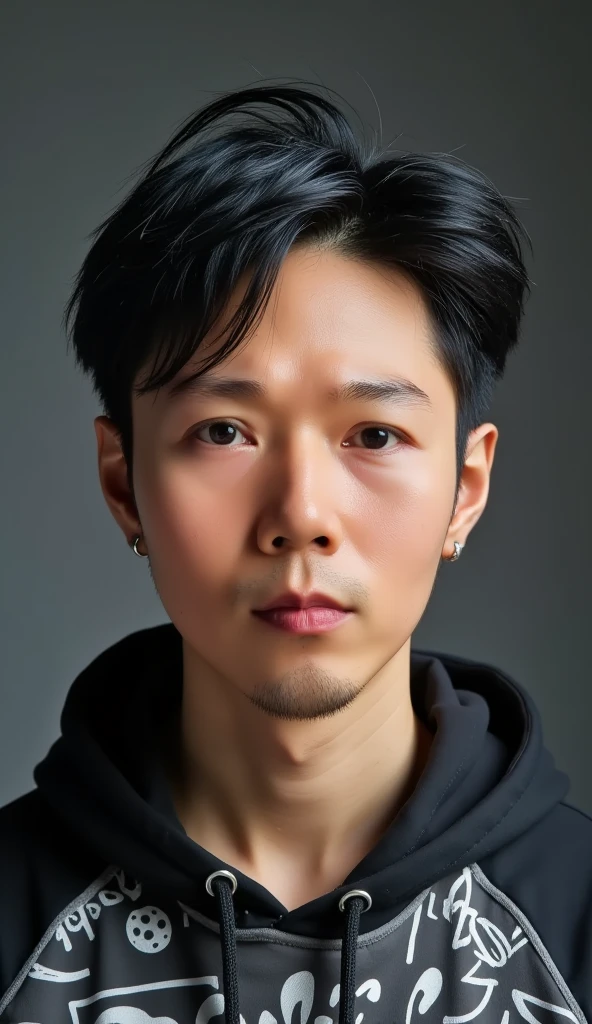 jojo, 38-year-old male, Photorealistic, 8k, photography, masterpiece, detailed face, detailed eyes, Black hair with gray Sporadic, Young Man wearing a Graphic Hoodie, Facing the camera, Cartoon style, 8k. Dark gray background,