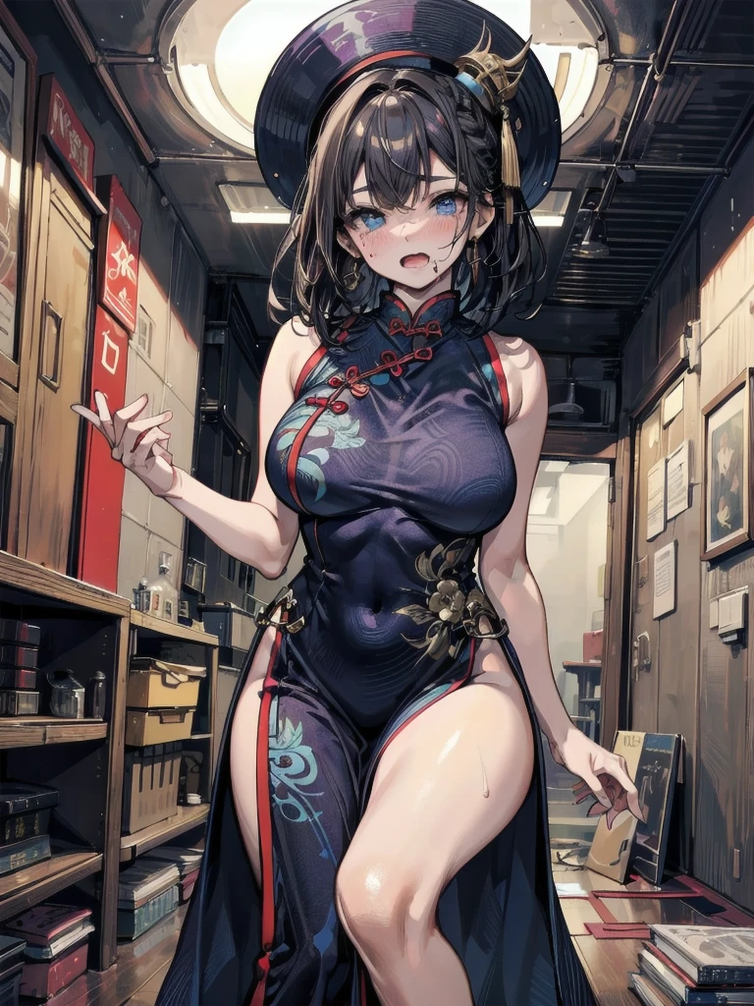 ((nsfw:1.5)),(Fantasy:1.5),(anime,8k,masterpiece, highest quality, highest quality,beautifully、aesthetic:1.2,Professional illustrations:1.1,Super detailed:1.3,Perfect lighting),Very detailed,Most detailed,Incredibly absurd , High resolution, Super detaileded,complicated:1.6,(Alchemy Workshop:1.4),A girl mixing,Many small bottles of medicine,Holds a small potion,colorful:1.4,Zentangle,(1girl),(girl),(Female warriors of the Three Kingdoms),(Very exquisite beautiful face and eyes,Firm breasts),Oily skin,((black,hair,short bob with short pony tail hair)),thin pubic hair,cute,Lovely,Age 34,Alchemist's costume,Merchant's clothing,smile,In the kitchen,smile,Seductive Weakness々しいsmile,(with sparkling eyes and a contagious smile),Open your mouth, View Viewer,Angle from behind